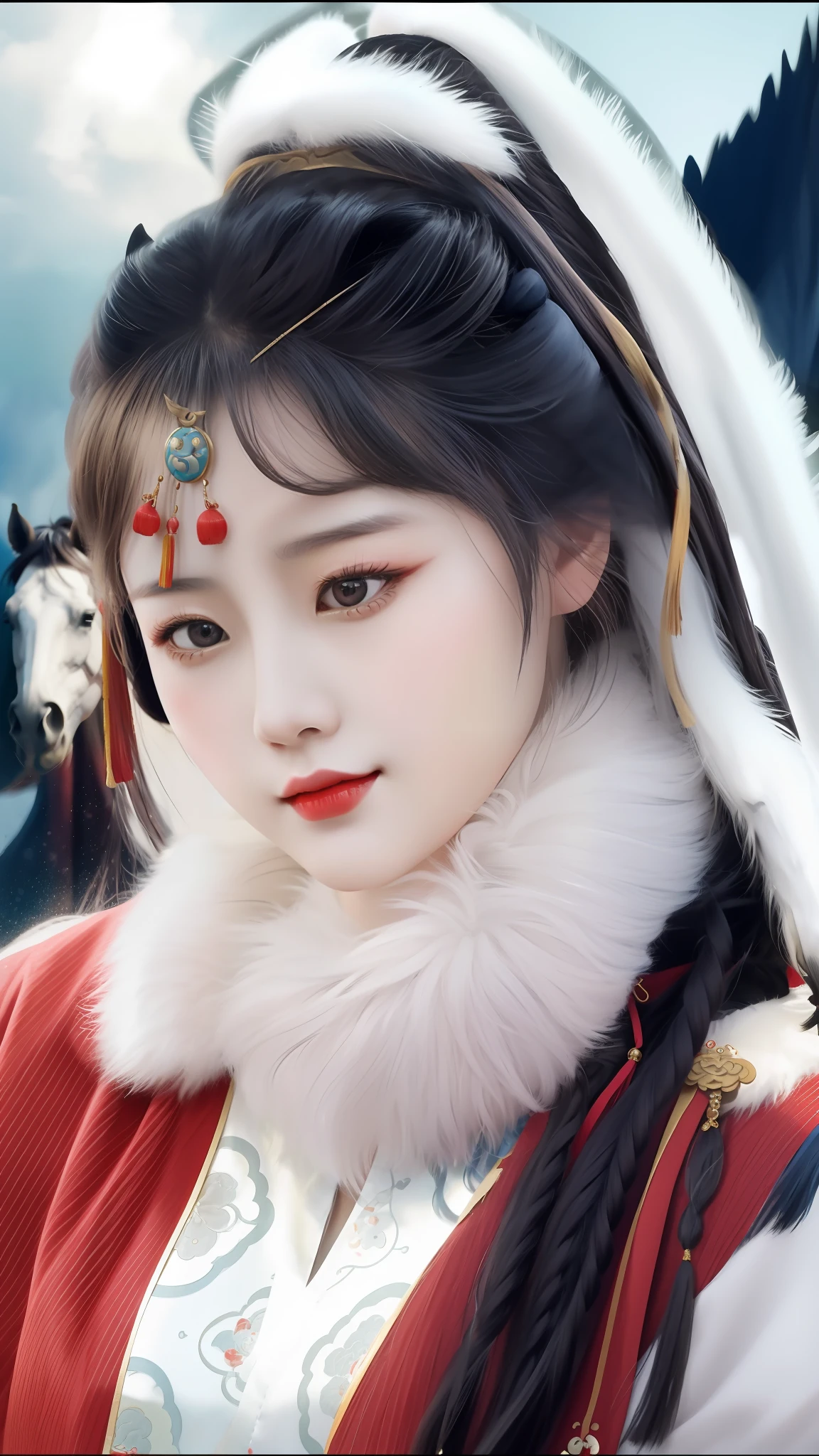 Alawi woman in red and white clothes and horses, Chinese girl, Palace ， A girl in Hanfu, Chinese woman, Traditional beauty, a beautiful fantasy empress, Chinese style, China Princess, Chinese traditional, Beautiful character painting, Inspired by Qiu Ying, Inspired by Lan Ying, inspired by Zhang Yan, inspired by Li Mei-shu