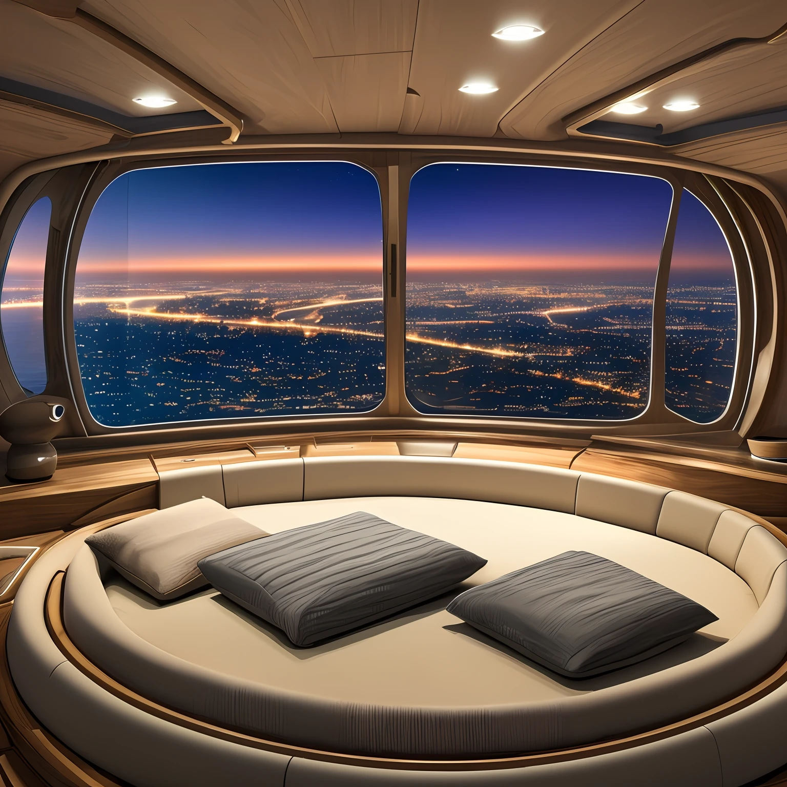 Interior view of an extra terrestrial ship, with a comfortable bed, with a large window seeing a city at night down there, realistic photo in 8K