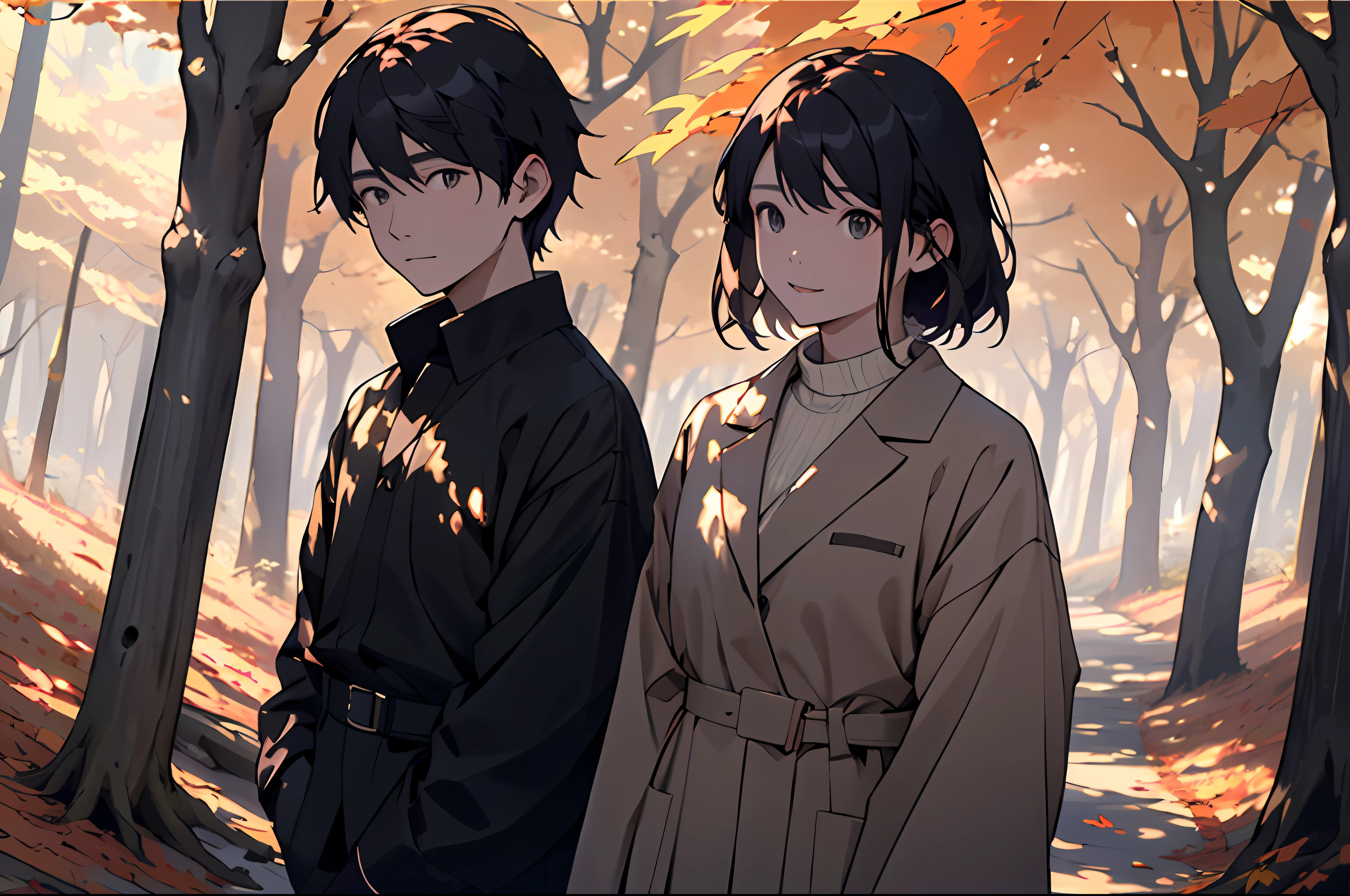 realisitic、((Forest of autumn leaves))、Woman in the forest and sunshine, a 20 yo woman、shorth hair, Nice hairstyle, Nice clothes、Looking at the camera、Colored leaves