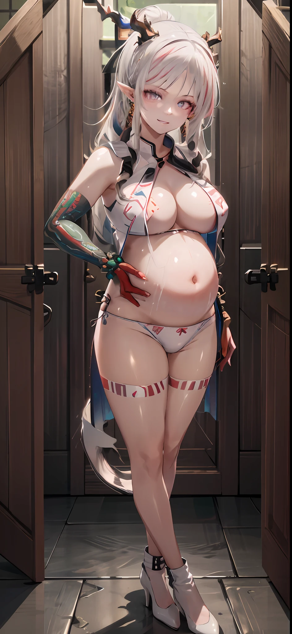 Transparent dew-point underwear，Ultra-realistic textures, Dramatic lighting, and Unreal Engine became popular on ArtStation，an award winning photograph，nikon RAW photo，8 k''，富士XT3，tmasterpiece，best qualtiy，realisticlying，realisticlying，ultra - detailed，Extremely detailed face，独奏，1girll，standing on your feet，Stylish and stylish atmosphere，Walk-in closet，Designer paintings and accessories，high-end makeup products，And the stylish look on her face，Pregnant women with，nipple bump，shot on the body，White liquid，huge tit