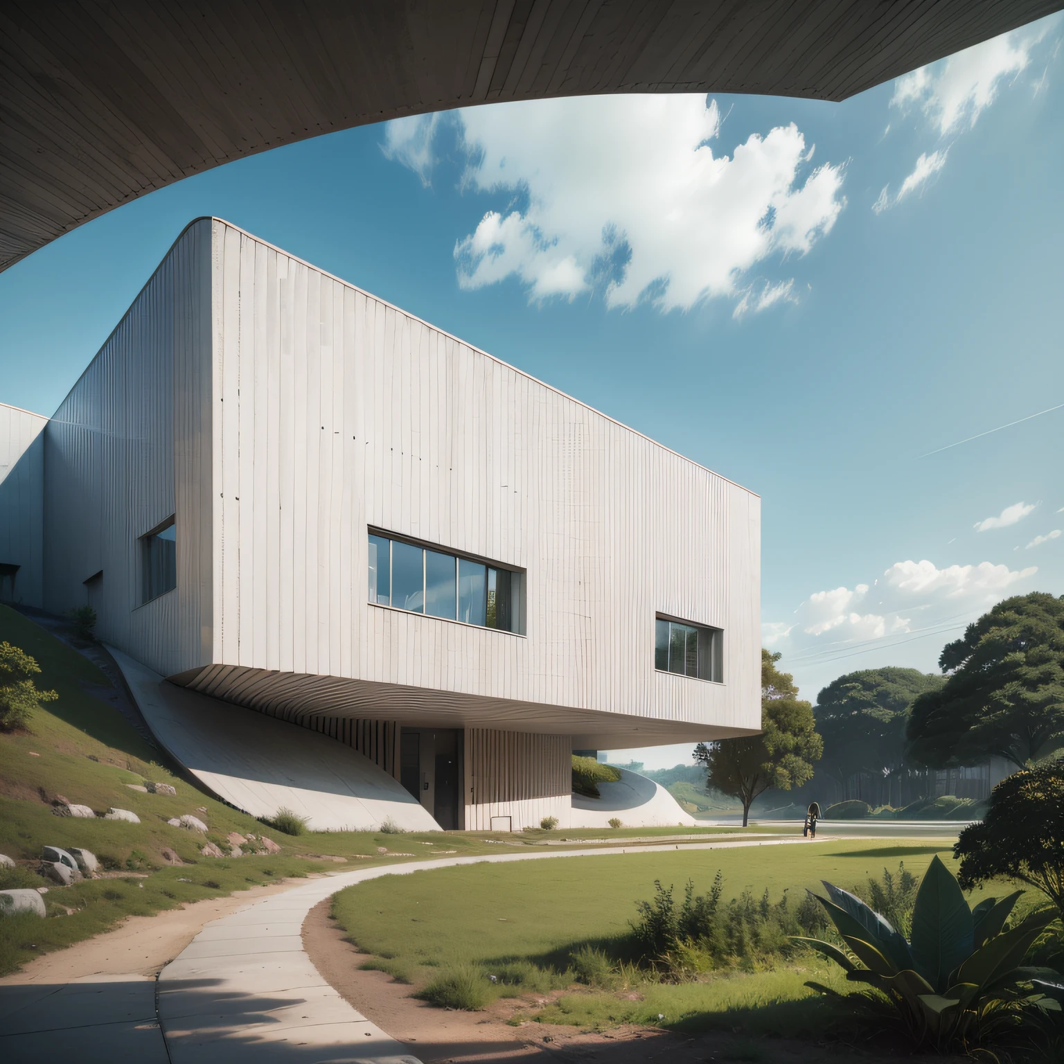 Um museu modeno, futuristic white concrete, com muito vidro nas fachadas, no maior da floresta, por Tadao Ando, organic form — ar 16: hiperealismo