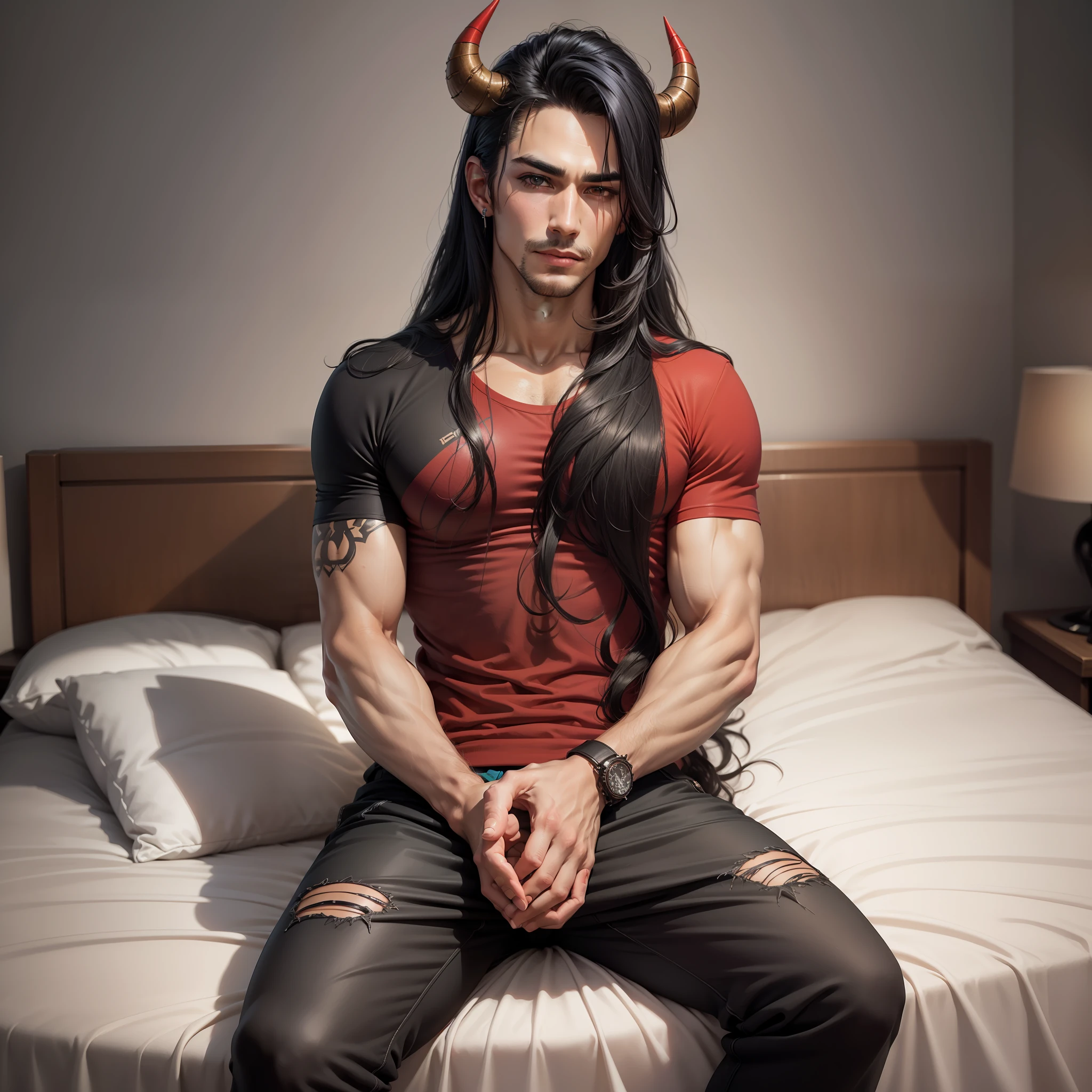 Handsome male, long black hair, straight long hair, grey eyes, bushy brows, smirk, arrogant expression, detailed body, detailed hands, red tshirt, black pants, sitting on bed, horns, tanned skin, ear piercings