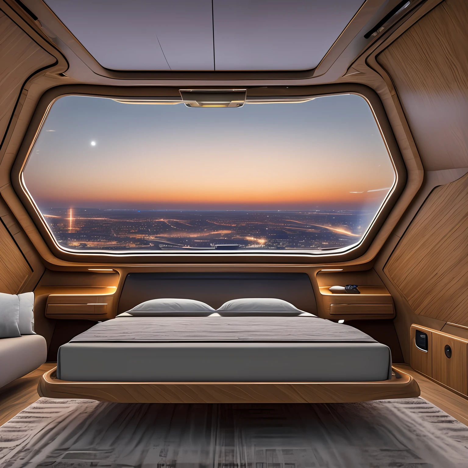 Interior view of an extra terrestrial ship, with a comfortable bed, with a large window seeing a city at night down there, realistic photo in 8K