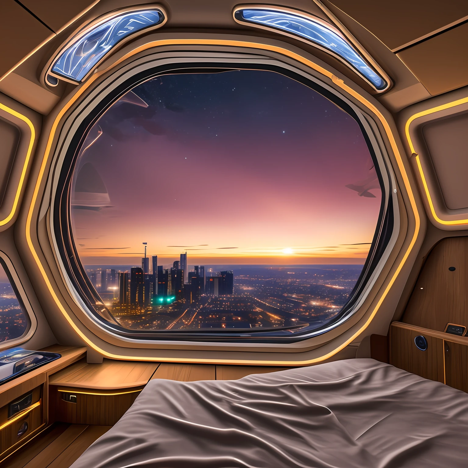Interior view of an extra terrestrial ship, with a comfortable bed, with a large window seeing a city at night down there, realistic photo in 8K