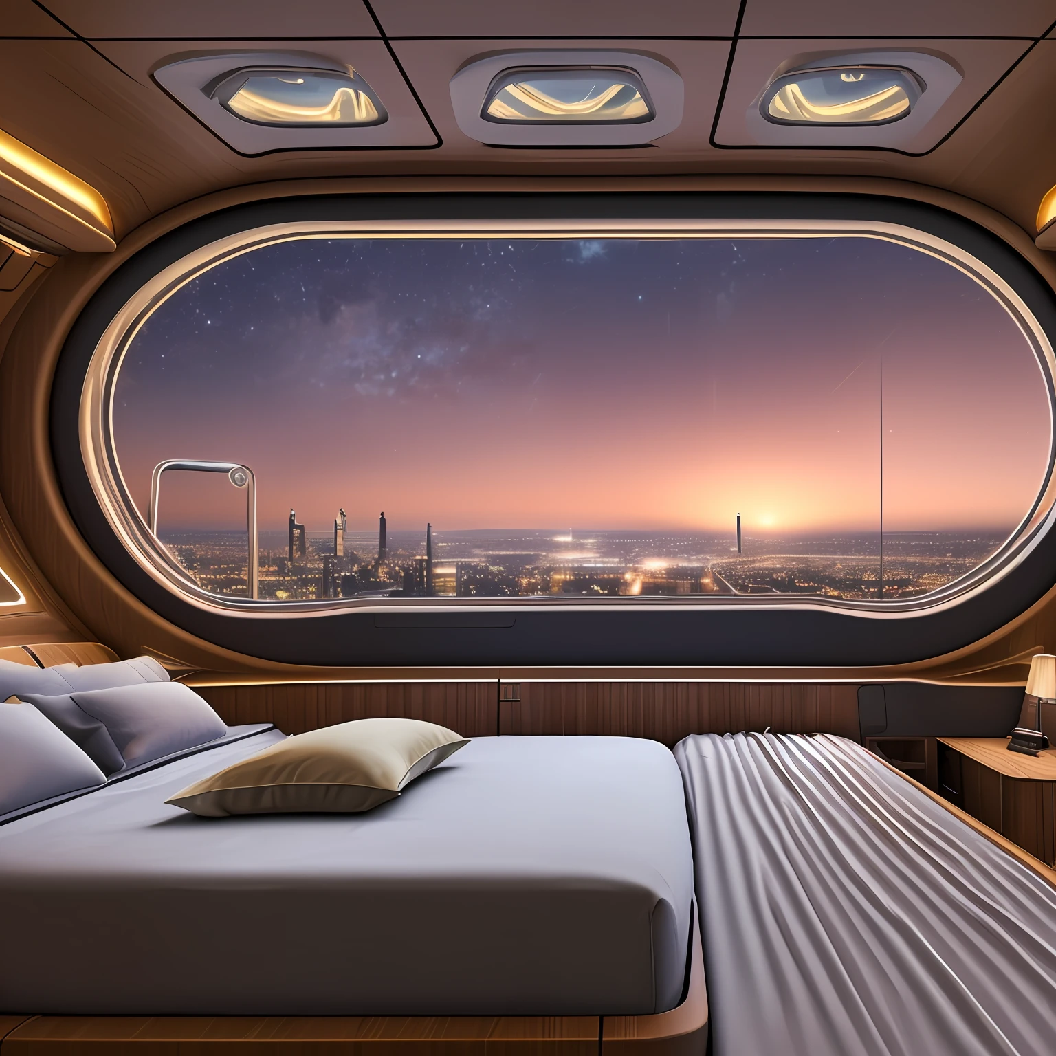 Interior view of an extra terrestrial ship, with a comfortable bed, with a large window seeing a city at night down there, realistic photo in 8K