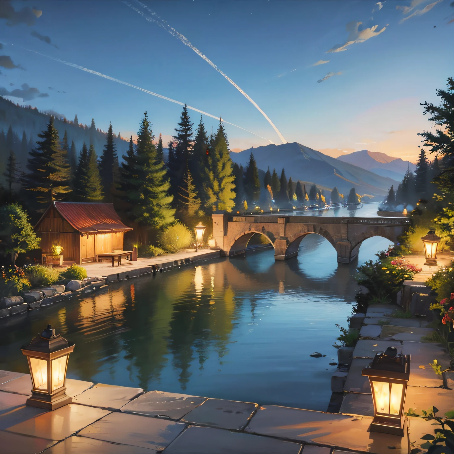 Oil painting style night,rays of moonlight,small bridges,gazebo,Beautiful European scenery --auto