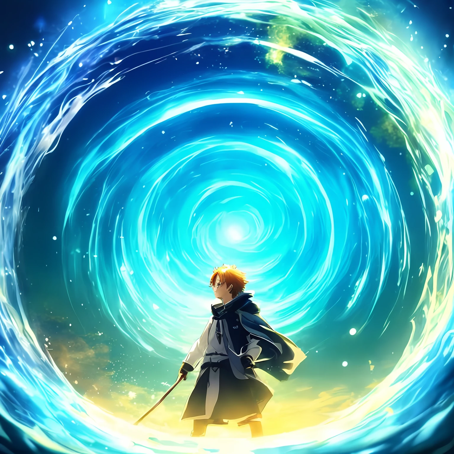 (((Rudeus))),((Obra-prima do anime))), Concentrando Magia verde azul, vortex, particuls, (sentado), 1 garoto, ((sozinho)), ambiente de fantasia, (((rindo))), Concentrando magia multicolorida no ambiente de fantasia formando a palavra escrita,