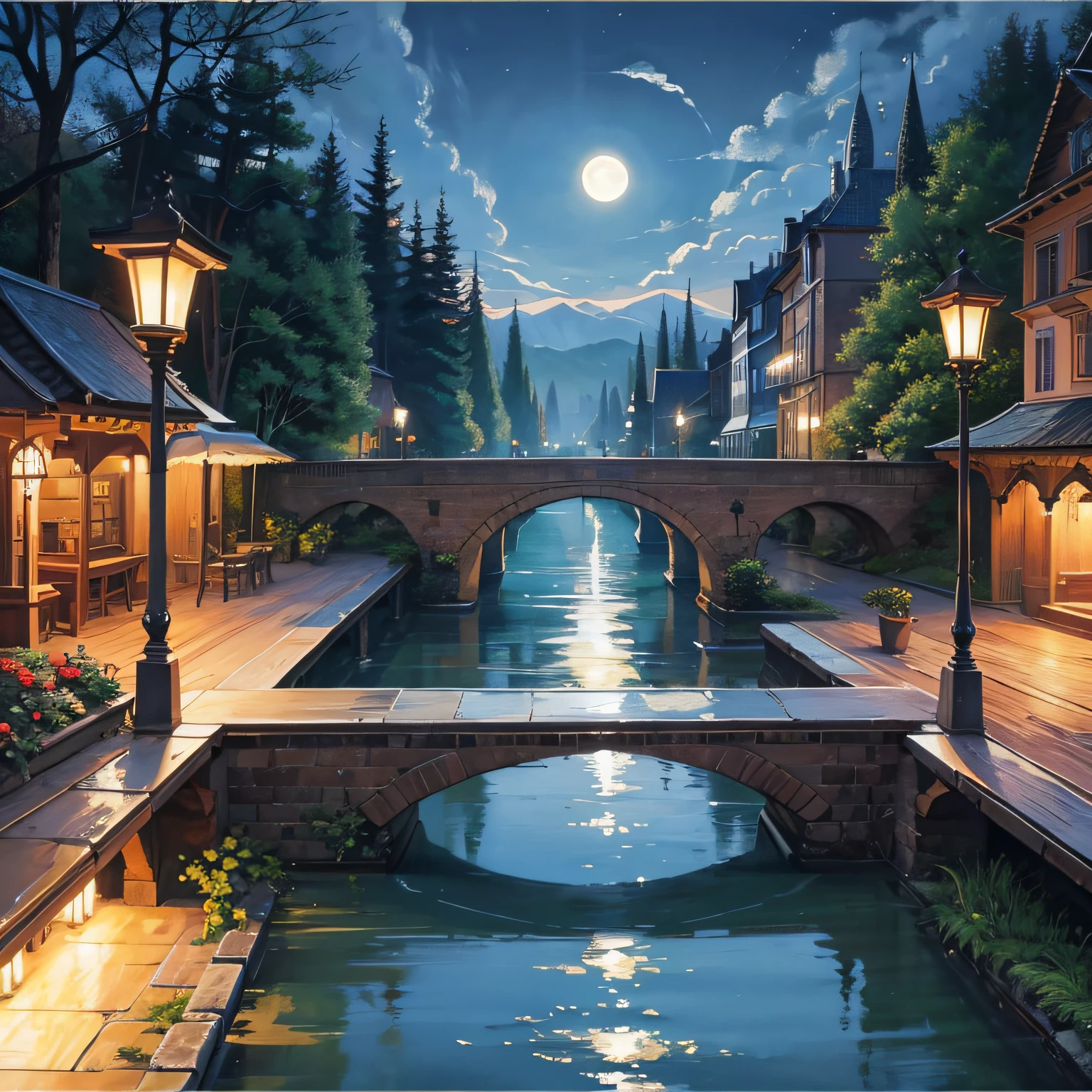 Oil painting style night,rays of moonlight,small bridges,gazebo,Beautiful European scenery --auto