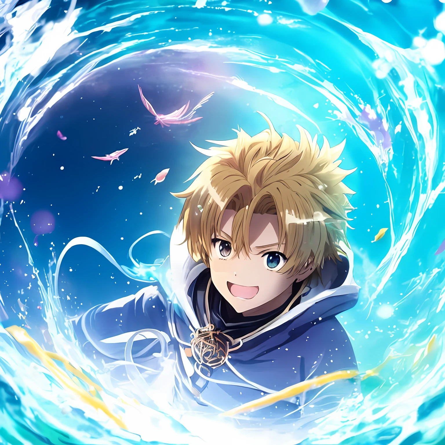 (((Rudeus))),((Obra-prima do anime))), Concentrando Magia verde azul, vortex, particuls, (sentado), 1 garoto, ((sozinho)), ambiente de fantasia, (((rindo))), Concentrando magia multicolorida no ambiente de fantasia formando a palavra escrita,