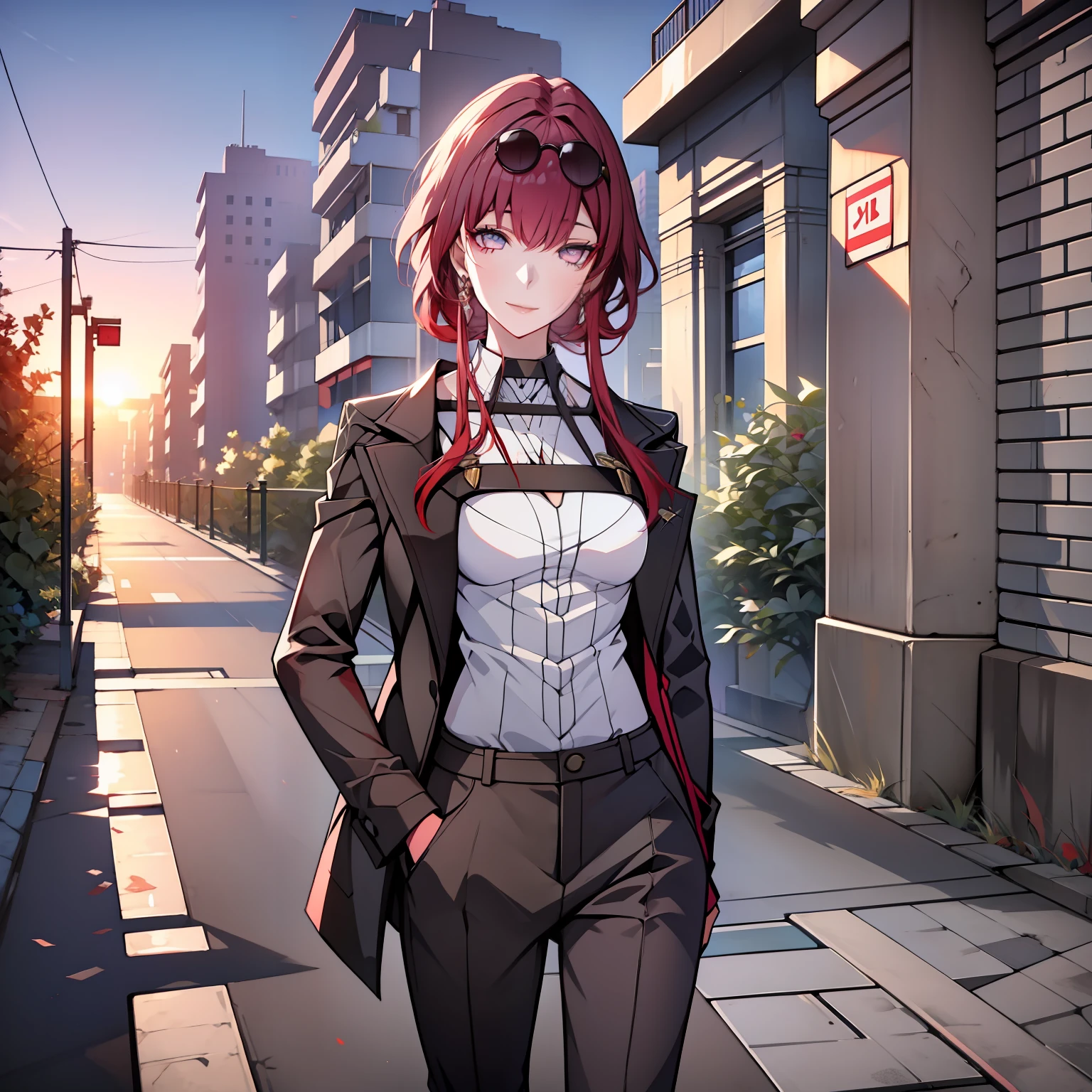young boy, red hair, blue eyes, sarnas no rosto, sorrindo, on a sidewalk at sunset, wearing red British student clothes, cabelo longo, 4k, boa anatomia