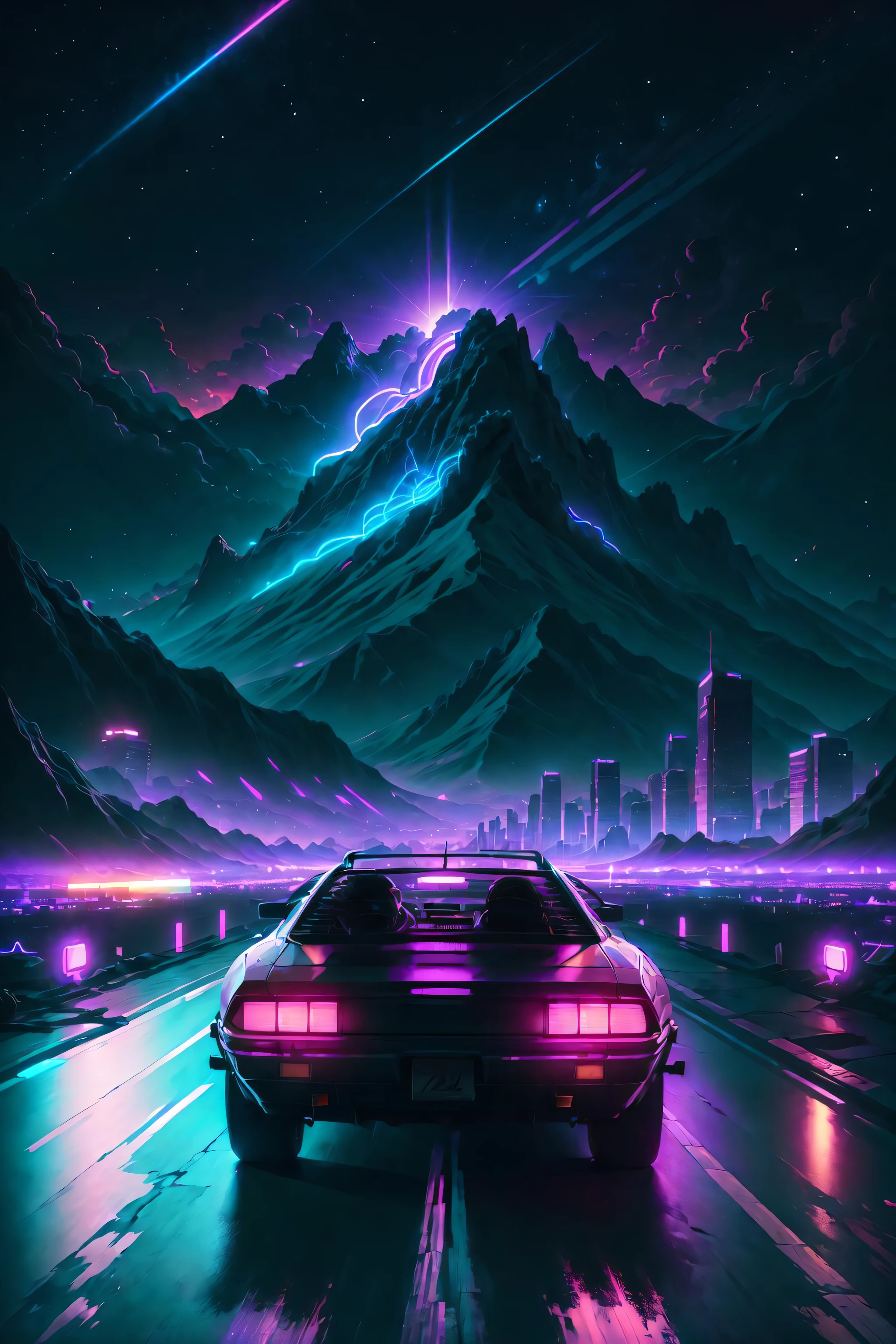 retrowave. city, car, road,  purple neon lights, sun, mountain, 
(masterpiece,detailed,highres),