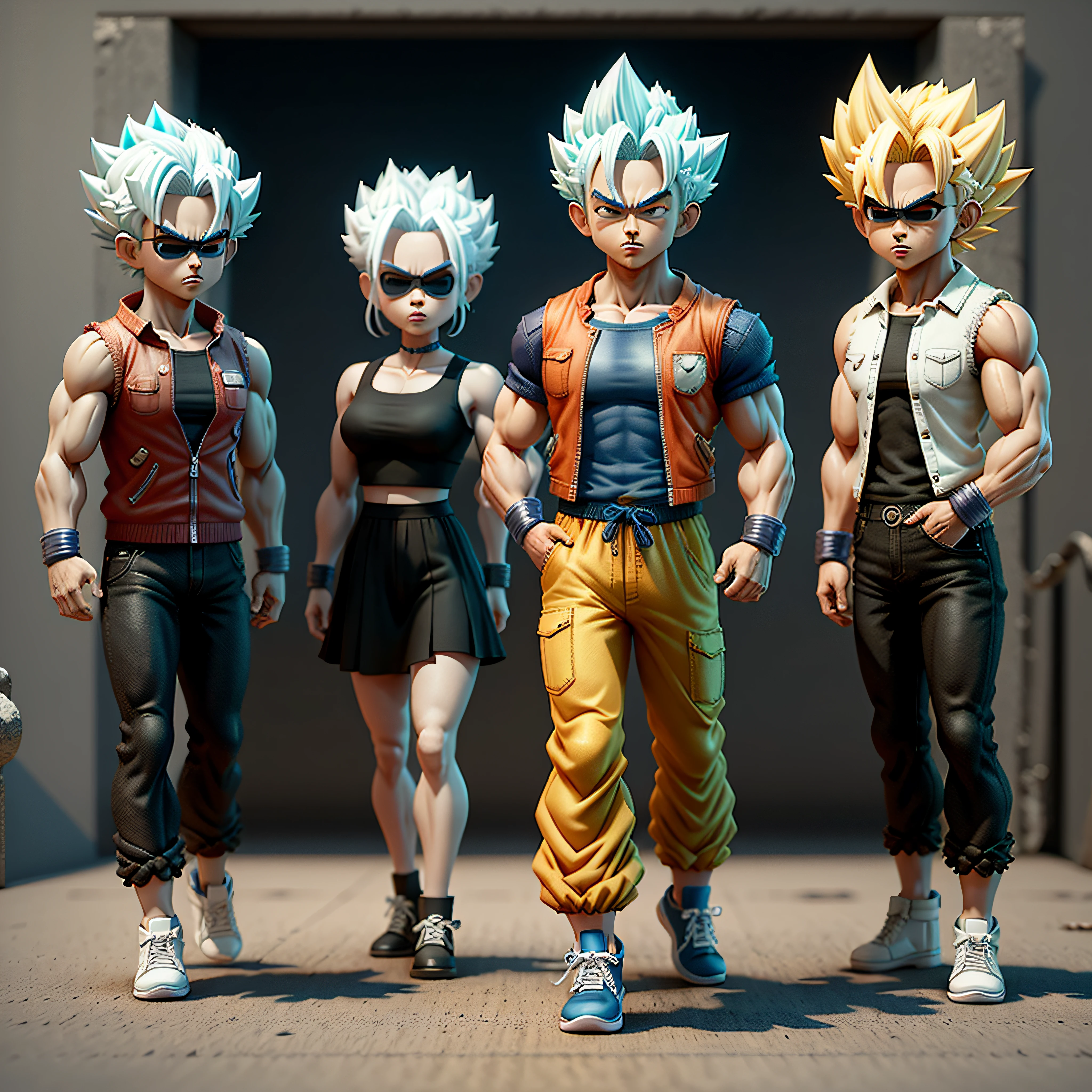 Goku, super saiyan, exquisite hair, arm depiction, white and blue hair body, exquisite shoes, eye depiction, exquisite hair, popmart blind box, clay texture, stepping on the land, black and white background, natural lighting, most good quality, super detail, 3D art, c4d, OC renderer, 3D rendering, 8k