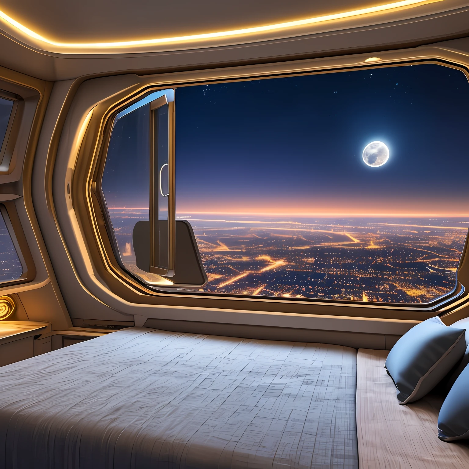 Interior view of an extra terrestrial ship, with a comfortable bed, with a large window seeing a city at night down there, realistic photo in 8K