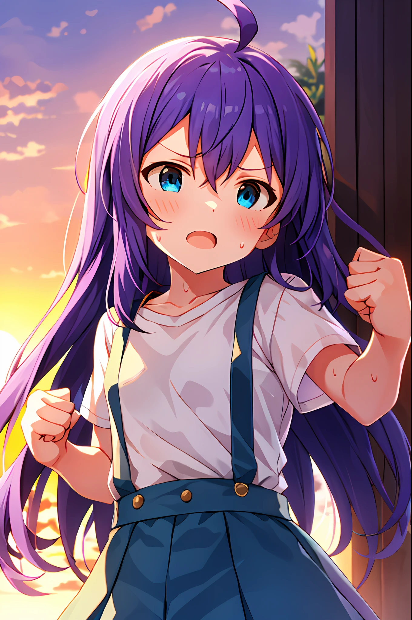 mochizuki anna,1girl in,Solo,Long hair,Purple hair,Medium chest.Ahoge,Blue eyes.Short stature.white t-shirts.suspenders.Skirt.Evening glow.the setting sun.Despair face.Sweat.Opening Mouth.up chest.clench your fists.fighting stance.