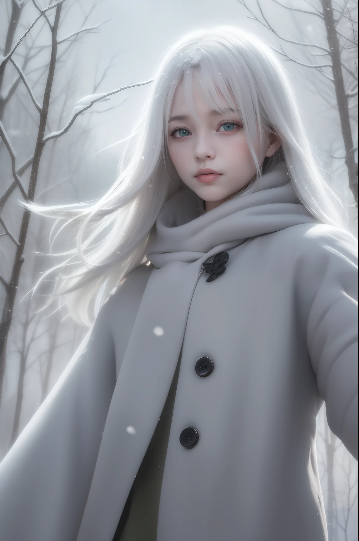 best qualtiy， tmasterpiece， White hair， eBlue eyes， A girl， exteriors， The upper part of the body， Realistis，Floating hair, Snowy,,Detailed face, winter, Green trees, Sunshine