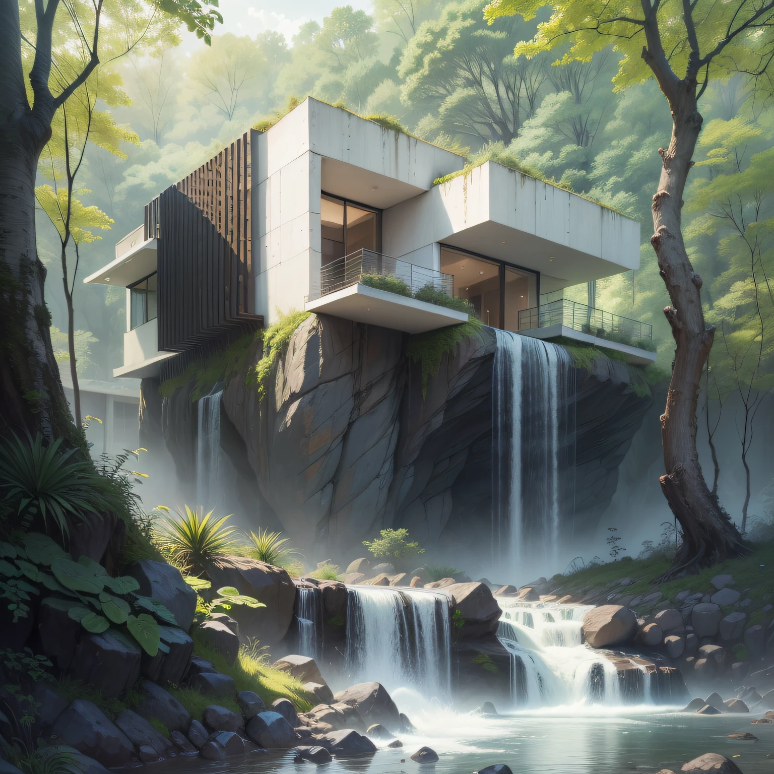 Uma cachoeira em frente a uma moderna casa de concreto branco na floresta, a digital rendering by Maginel Wright Enright Barney, Pinterest, Modernismo, provia, creative commons attribution, biomorphic
