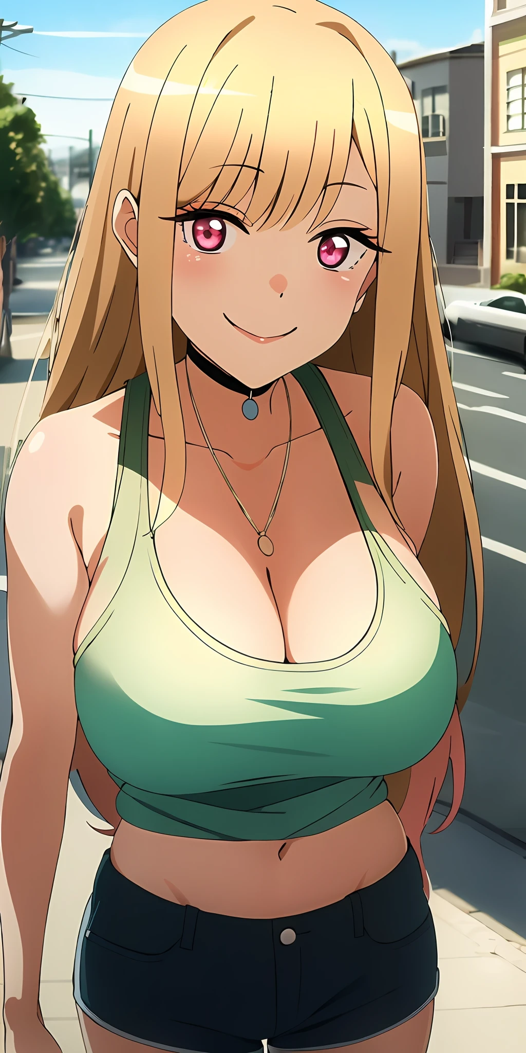 (Best quality:1.3), kitagawa, large breasts, cleavage, tank top, shorts, smiling, (pov), street background