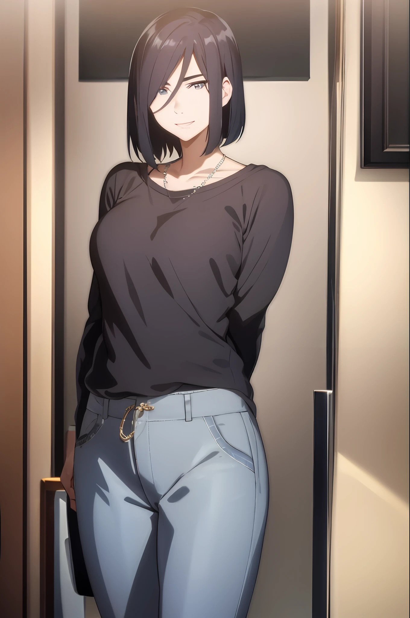 masterpiece, (best quality), 1girl, izumi_nase,  black hair, short hair, purple eyes, jewelry,pearl necklace, sweater,casual clothes, mature female, sexy woman, mole under mouth, smile, blush,perfect proportions, vibrant colors ,natural lighting  ,RTX,  , beautiful, (detailed face:1.2),  showcase, (perfect eyes:1.1) ,(photorealistic:1.1), 8k uhd,  looking a viewer, indoors,  simple backround,