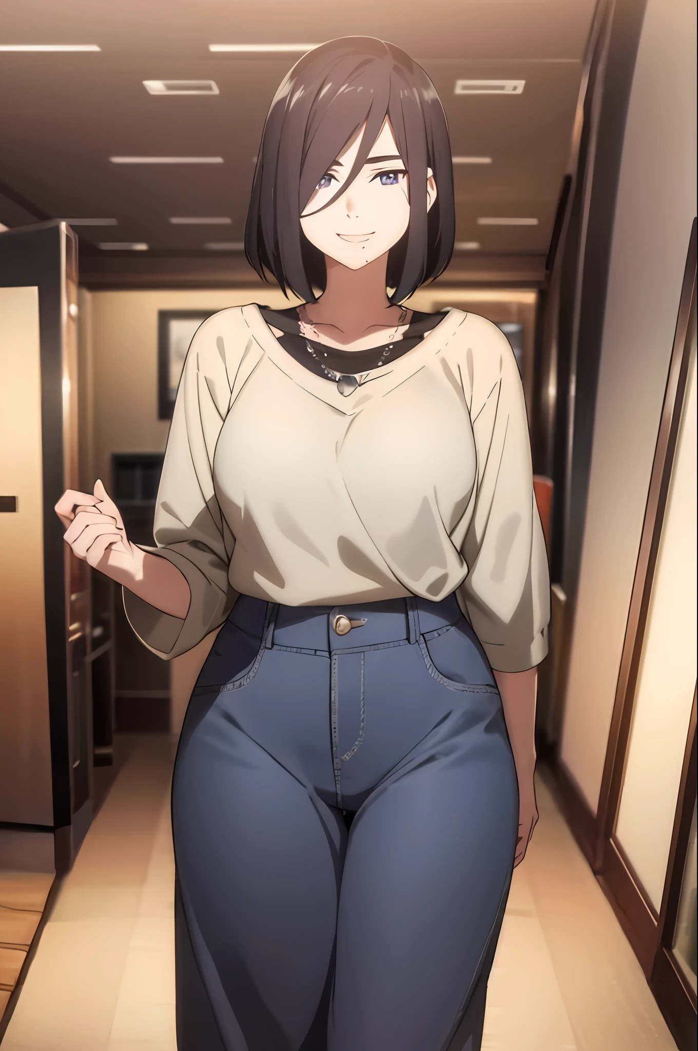 masterpiece, (best quality), 1girl, izumi_nase,  black hair, short hair, purple eyes, jewelry,pearl necklace, sweater,casual clothes, mature female, sexy woman, mole under mouth, smile, blush,perfect proportions, vibrant colors ,natural lighting  ,RTX,  , beautiful, (detailed face:1.2),  showcase, (perfect eyes:1.1) ,(photorealistic:1.1), 8k uhd,  looking a viewer, indoors,  simple backround,