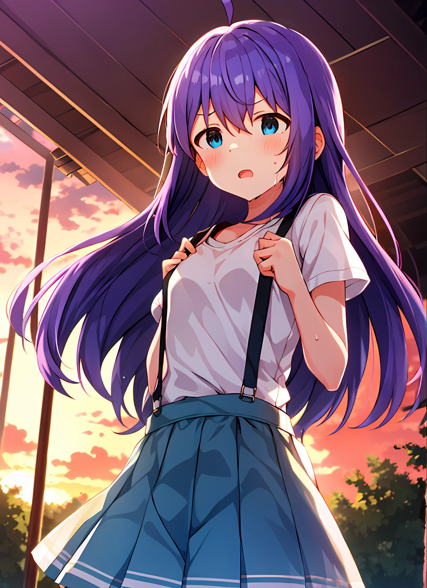 mochizuki anna,1girl in,Solo,Long hair,Purple hair,Medium chest.Ahoge,Blue eyes.Short stature.white t-shirts.suspenders.Skirt.Evening glow.the setting sun.Despair face.Sweat.Opening Mouth.up chest.clench your fists.