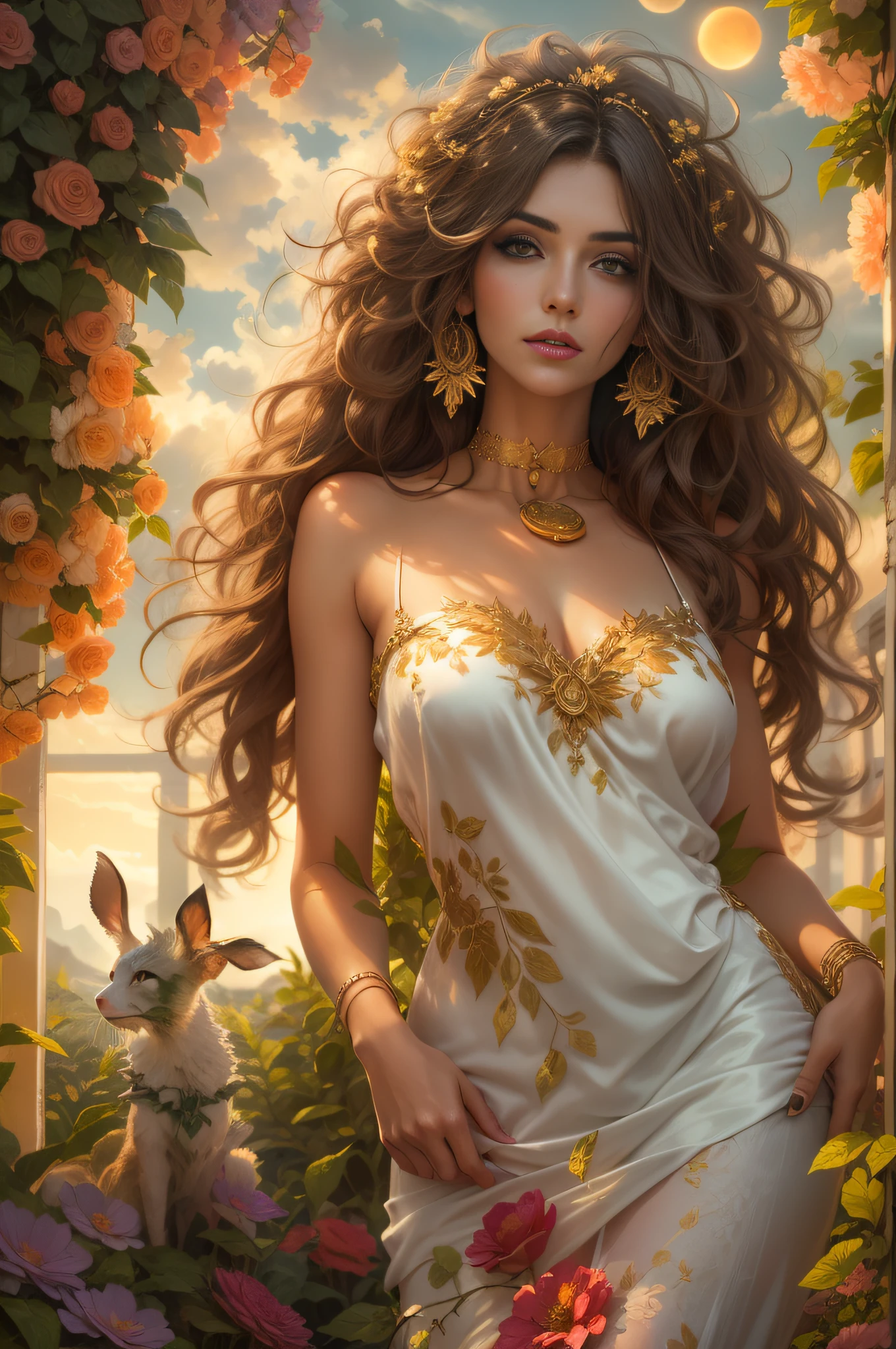 Aphrodite , full body potrait of a photorealistic beautiful seductress, Messy hair, in a greek garden, exotic white and gold vilain dress, choker style colar, bright color eyes, full body, Dark fantasy, Flowers, suns rays, Overcast