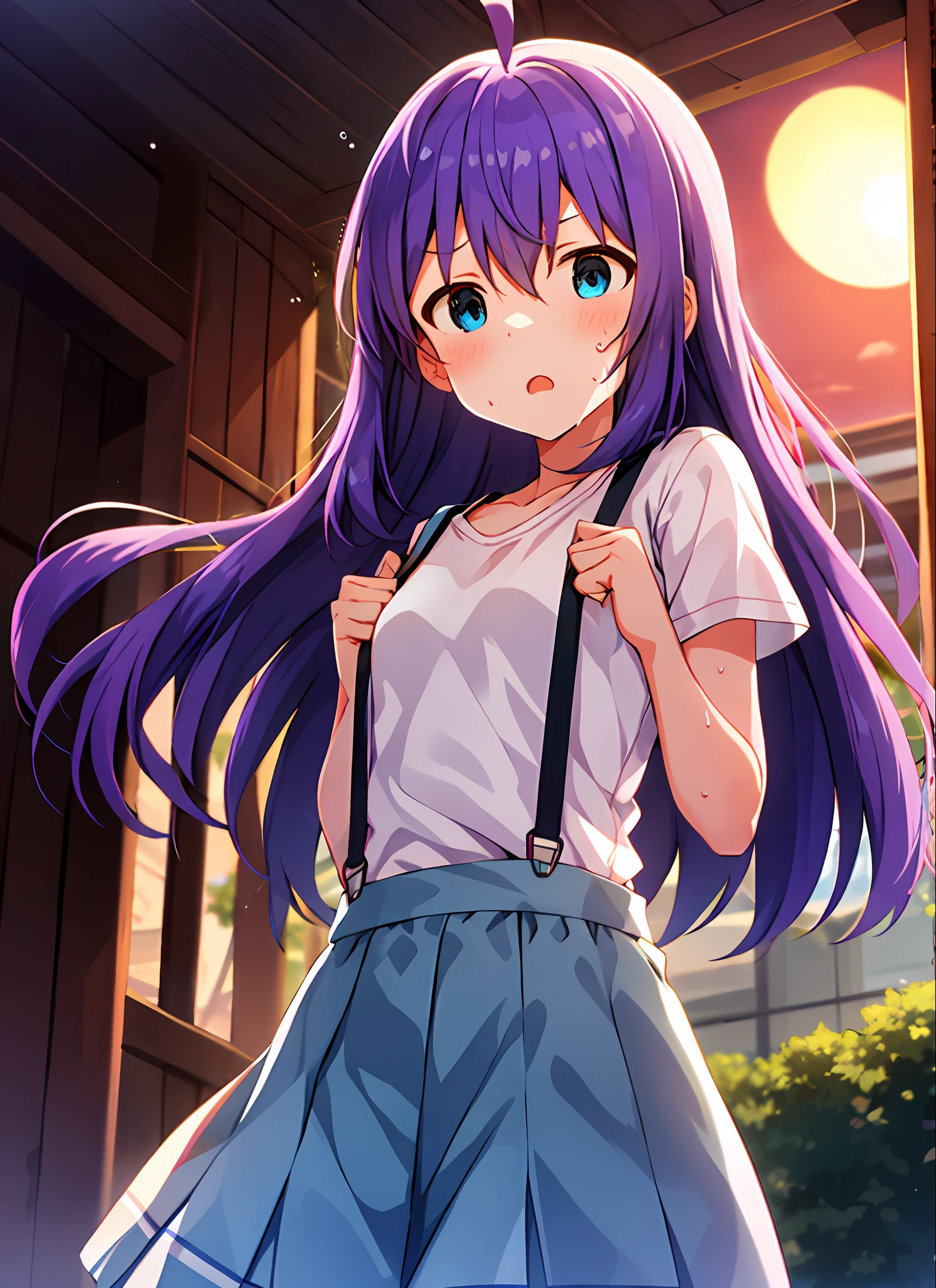 mochizuki anna,1girl in,Solo,Long hair,Purple hair,Medium chest.Ahoge,Blue eyes.Short stature.white t-shirts.suspenders.Skirt.Evening glow.the setting sun.Despair face.Sweat.Opening Mouth.up chest.clench your fists.