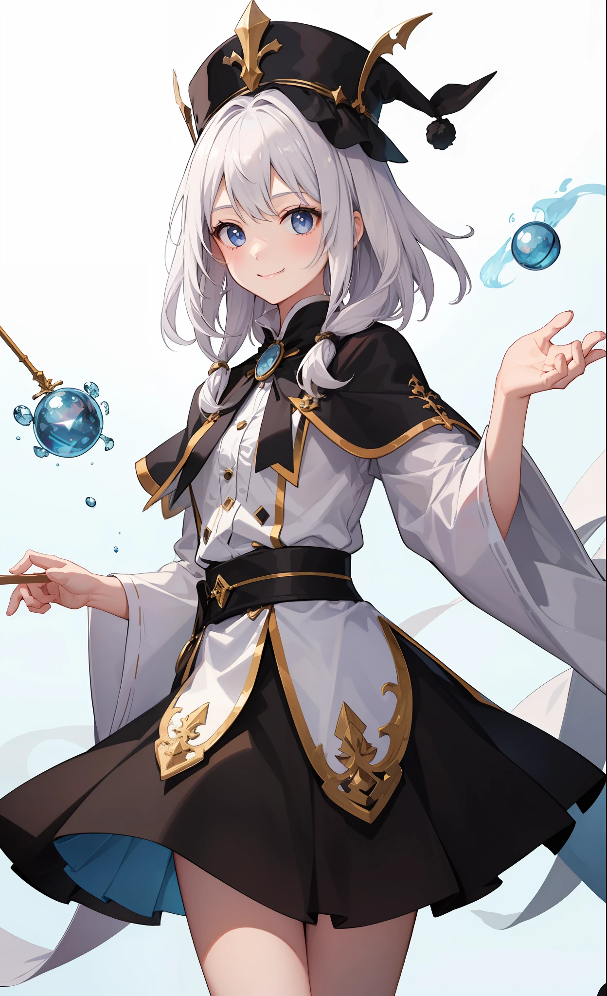 1girl in、A smile、The shirt、Blouse、skirt by the、（small tits）Chilarism、movement、Hats、cloaks、magic wands、Sorcerer、white  hair、