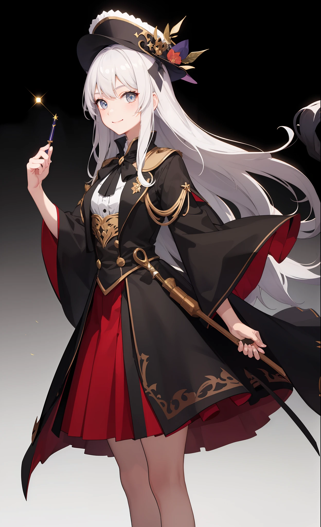 1girl in、A smile、The shirt、Blouse、skirt by the、(small tits)Chilarism、movement、Hats、cloaks、magic wands、Sorcerer、white hair、