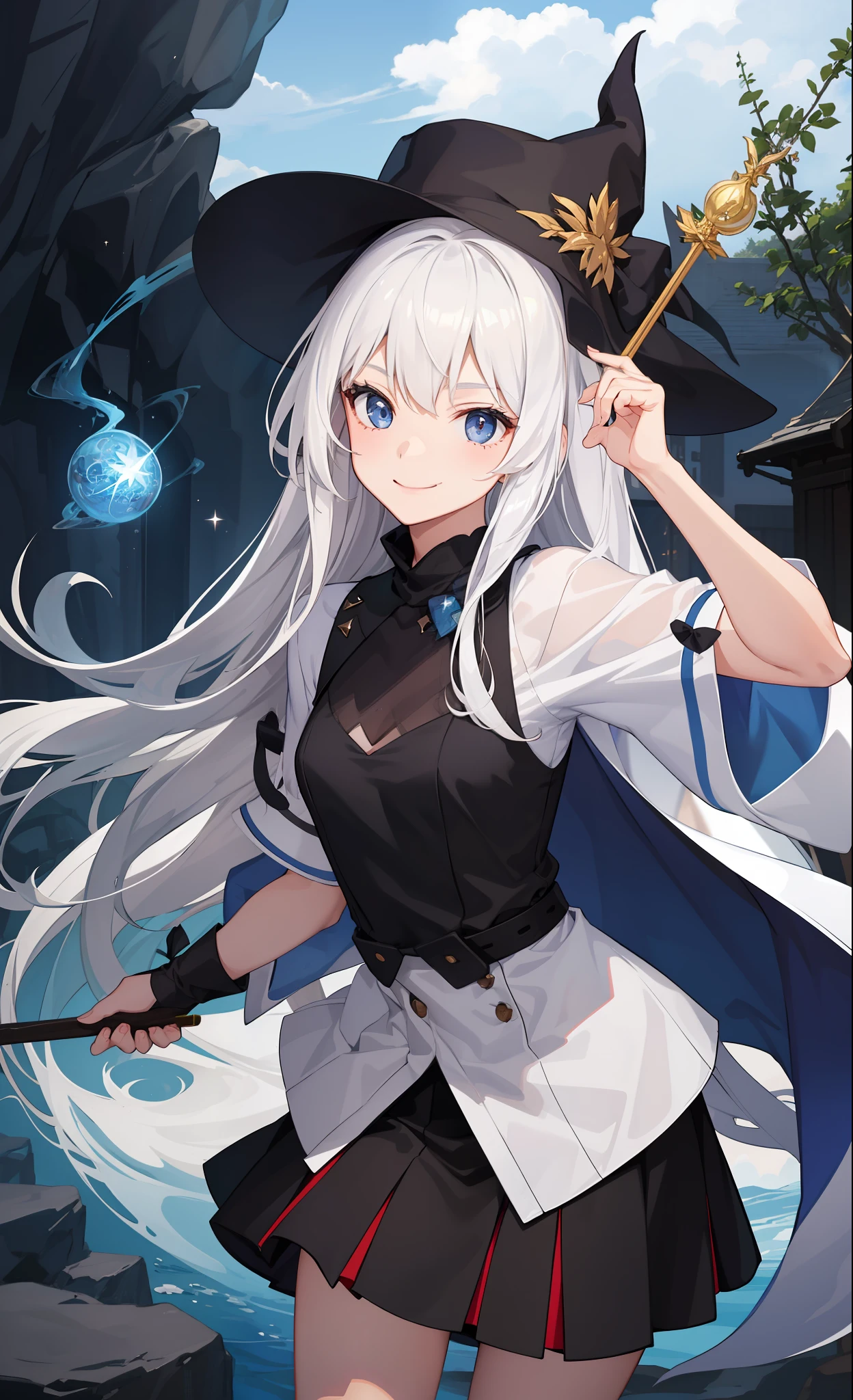 1girl in、A smile、The shirt、Blouse、skirt by the、(small tits)Chilarism、movement、Hats、cloaks、magic wands、Sorcerer、white hair、