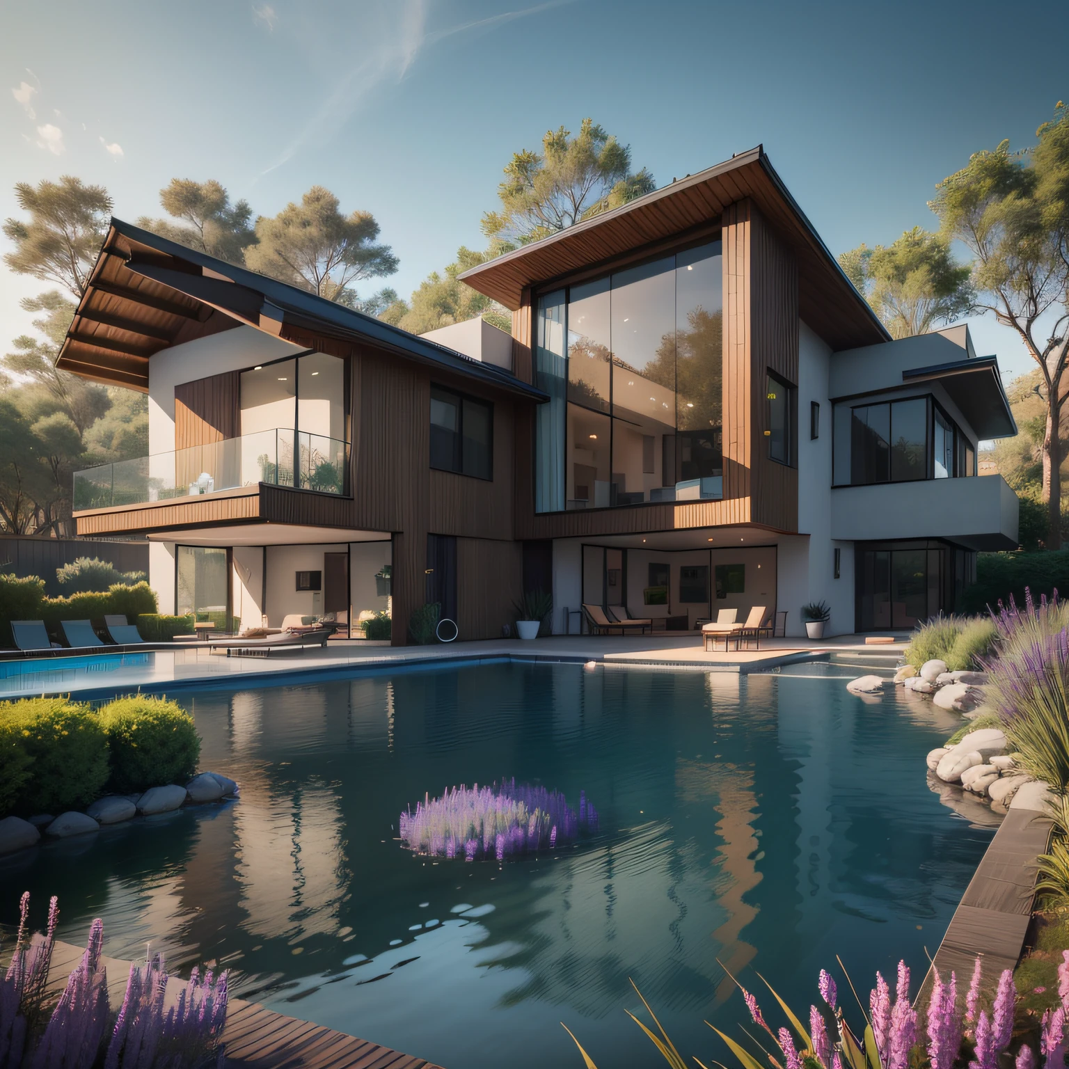 Organic modern architecture on a fairly large plot, from , there is a swimming pool in the middle of a large house of a flower, color of the house in chocolate brown and black beams, large modern residence, flat roofs and garden, render luxcore, render oktane, a photorealistic rendering, architectural rendering, mantra rendering, architectural rendering, realistic rendering, architectural visualization, wellness pool, Architectural visualization, large green zones, with small zones of lavender flowers, green shrubs type lush green garden, as well as small water mirrors, swimming pool embedded in an area of sand, olive and pine trees around the house, paddle court next to the house