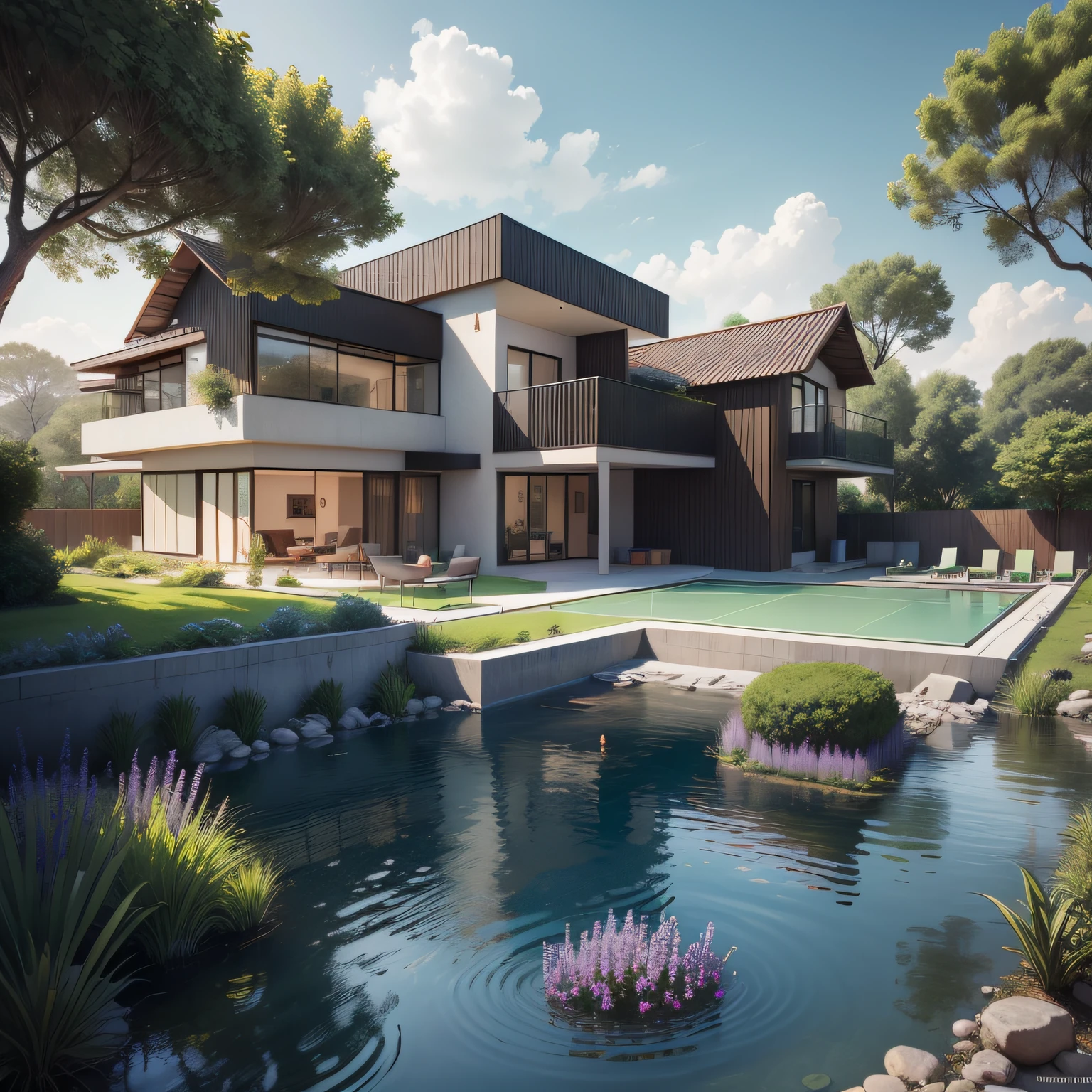 Organic modern architecture on a fairly large plot, from , there is a swimming pool in the middle of a large house of a flower, color of the house in chocolate brown and black beams, large modern residence, flat roofs and garden, render luxcore, render oktane, a photorealistic rendering, architectural rendering, mantra rendering, architectural rendering, realistic rendering, architectural visualization, wellness pool, Architectural visualization, large green zones, with small zones of lavender flowers, green shrubs type lush green garden, as well as small water mirrors, swimming pool embedded in an area of sand, olive and pine trees around the house, paddle court next to the house