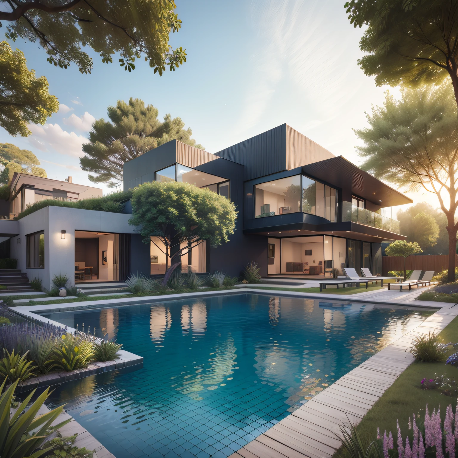 Organic modern architecture on a fairly large plot, from , there is a swimming pool in the middle of a large house of a flower, color of the house in chocolate brown and black beams, large modern residence, flat roofs and garden, render luxcore, render oktane, a photorealistic rendering, architectural rendering, mantra rendering, architectural rendering, realistic rendering, architectural visualization, wellness pool, Architectural visualization, large green zones, with small zones of lavender flowers, green shrubs type lush green garden, as well as small water mirrors, swimming pool embedded in an area of sand, olive and pine trees around the house, paddle court next to the house