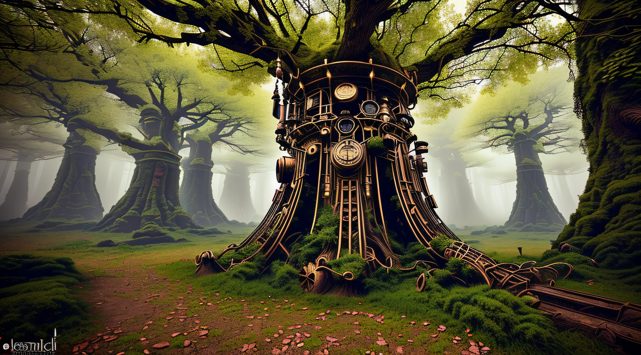 Yggdrasil imagined as steampunk towering a forrest, surrounded by forrest, intricate, detailed, vivid colors, hyper realistic, medium shot, octane 3D, Masterpiece