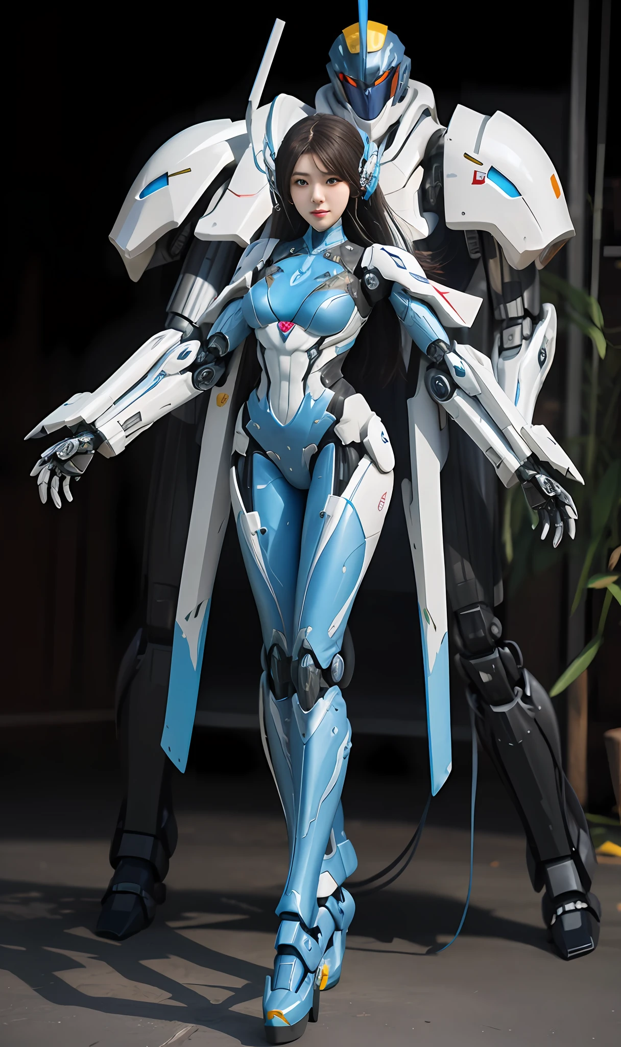 Arad woman dressed in blue and white，Carrying a large robot on his back, girl in mecha cyber armor, Mechanized Valkyrie girl, porcelain cyborg armor, inspired by Leng Mei, female mecha, echo from overwatch, Mecha suit, action figure mecha, porcelain cyborg, of a beautiful female warframe, perfect anime cyborg woman