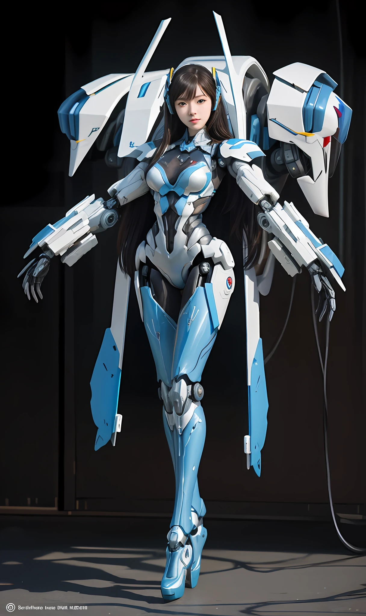 Arad woman dressed in blue and white,Carrying a large robot on his back, girl in mecha cyber armor, Mechanized Valkyrie girl, porcelain cyborg armor, inspired by Leng Mei, female mecha, echo from overwatch, Mecha suit, action figure mecha, porcelain cyborg, of a beautiful female warframe, perfect anime cyborg woman
