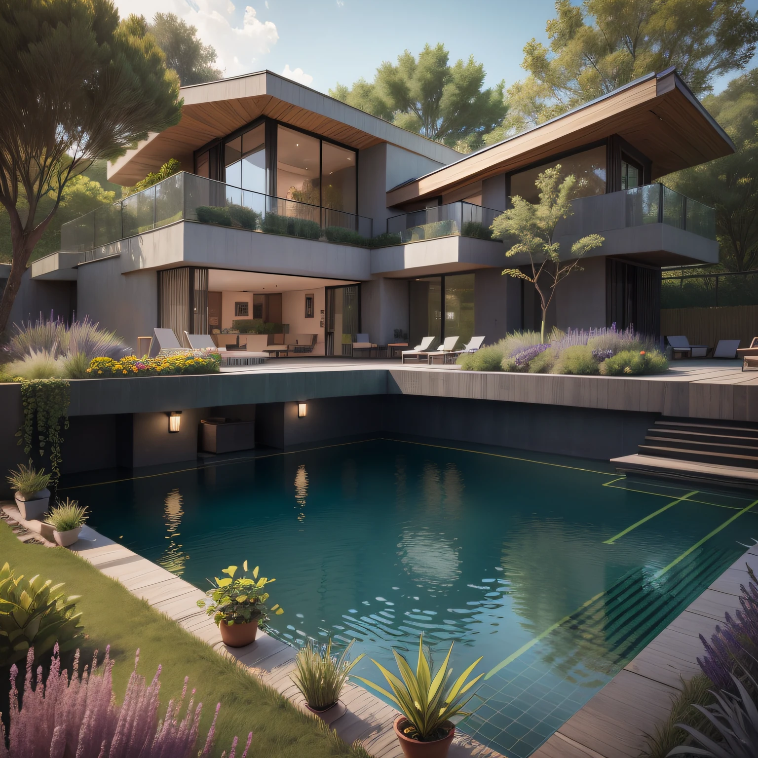 Organic modern architecture on a fairly large plot, from , there is a swimming pool in the middle of a large house of a flower, color of the house in chocolate brown and black beams, large modern residence, flat roofs and garden, render luxcore, render oktane, a photorealistic rendering, architectural rendering, mantra rendering, architectural rendering, realistic rendering, architectural visualization, wellness pool, Architectural visualization, large green zones, with small zones of lavender flowers, green shrubs type lush green garden, as well as small water mirrors, swimming pool embedded in an area of sand, olive and pine trees around the house, paddle court next to the house
