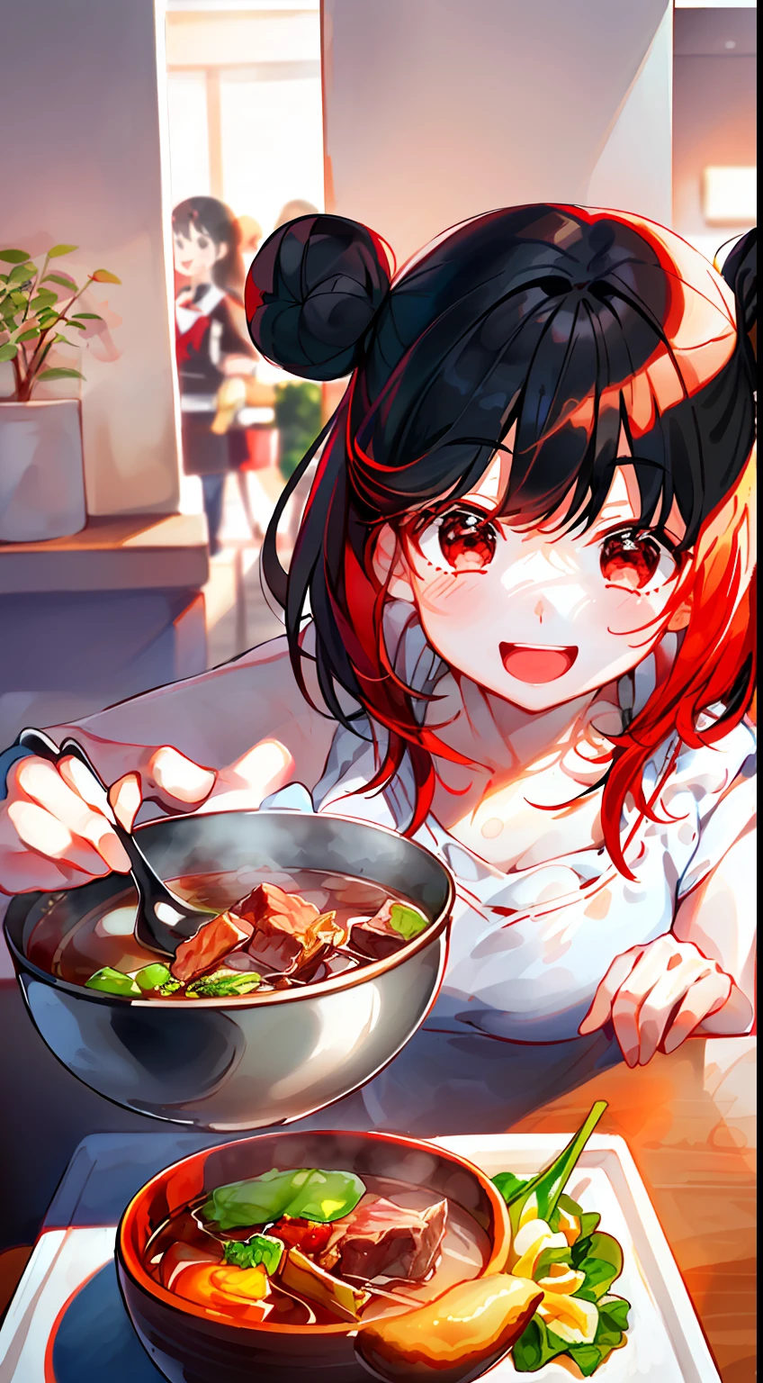 (beef soup, two-dimensional cuisine, delicious and unique, happy mood, 1 girl), (plain face, (black hair: 1.2 + red hair: 1.2), beautiful light and shadow, smooth and natural, beautiful, high image quality: 1.1)