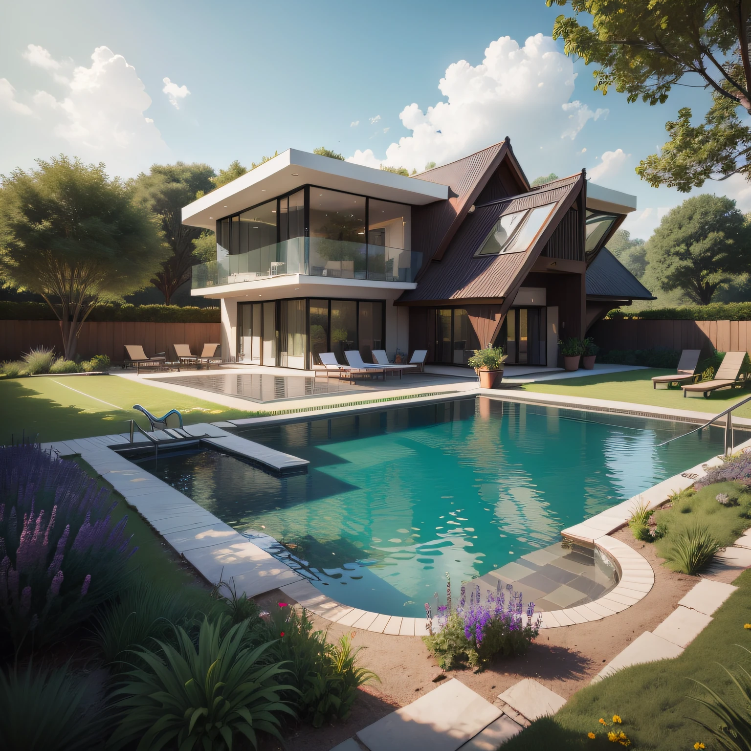 Organic modern architecture on a fairly large plot, from , there is a swimming pool in the middle of a large house of a flower, color of the house in chocolate brown and black beams, large modern residence, flat roofs and garden, render luxcore, render oktane, a photorealistic rendering, architectural rendering, mantra rendering, architectural rendering, realistic rendering, architectural visualization, wellness pool, Architectural visualization, large green zones, with small zones of lavender flowers, green shrubs type lush green garden, as well as small water mirrors, swimming pool embedded in an area of sand, olive and pine trees around the house, paddle court next to the house