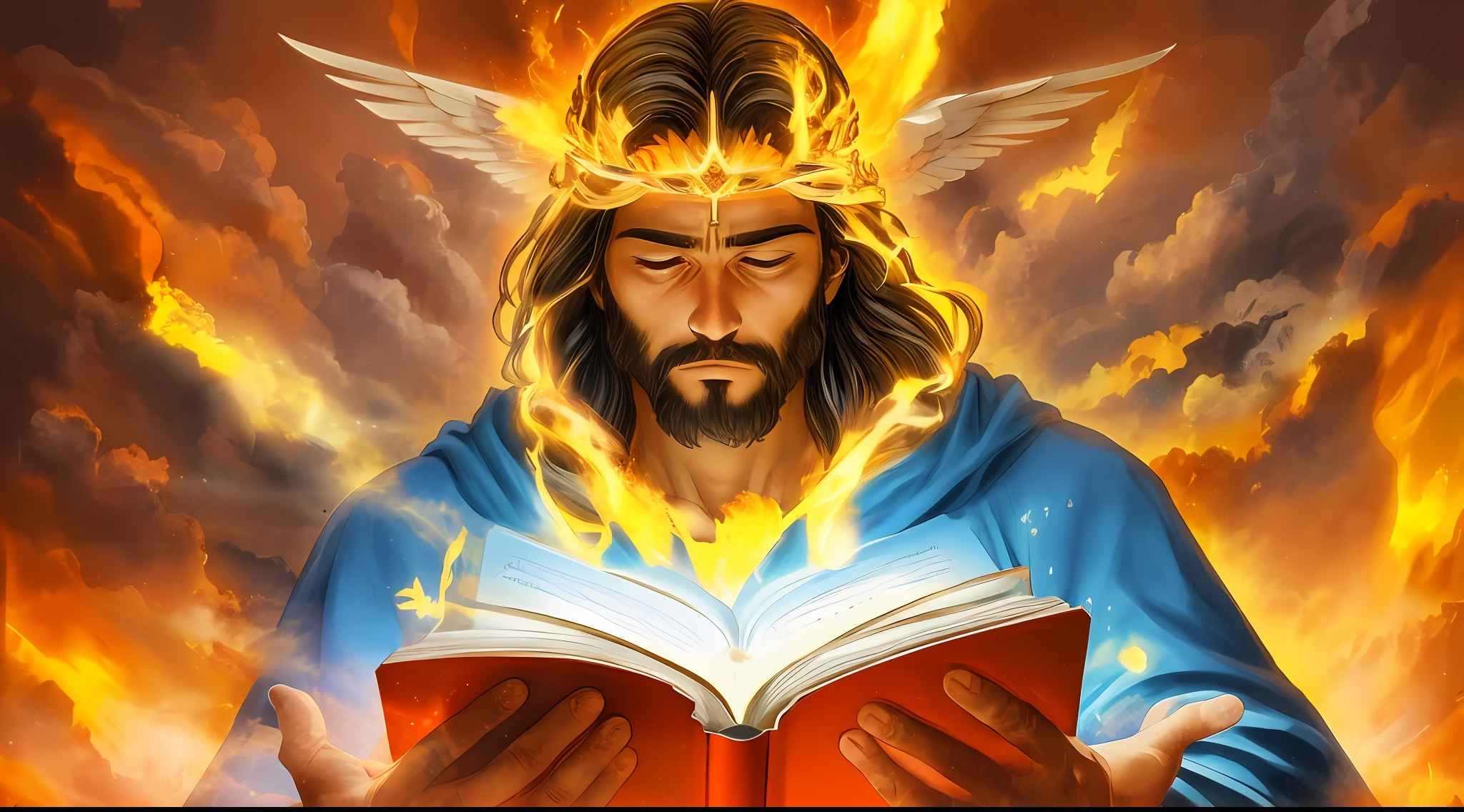 um homem em uma coroa lendo um livro com um fogo ao fundo, bible illustration, O Senhor e Salvador, biblical accurate angel, Rei dos Reis, Jesus Cristo, reino divino dos deuses, imagens religiosas, imagens sagradas, epic biblical representation, holy flame spell, Jovem Deus Todo-Poderoso, Segunda vinda, godly and ethereal, deus divino, Jesus Cristo Indo Super Saiyajin