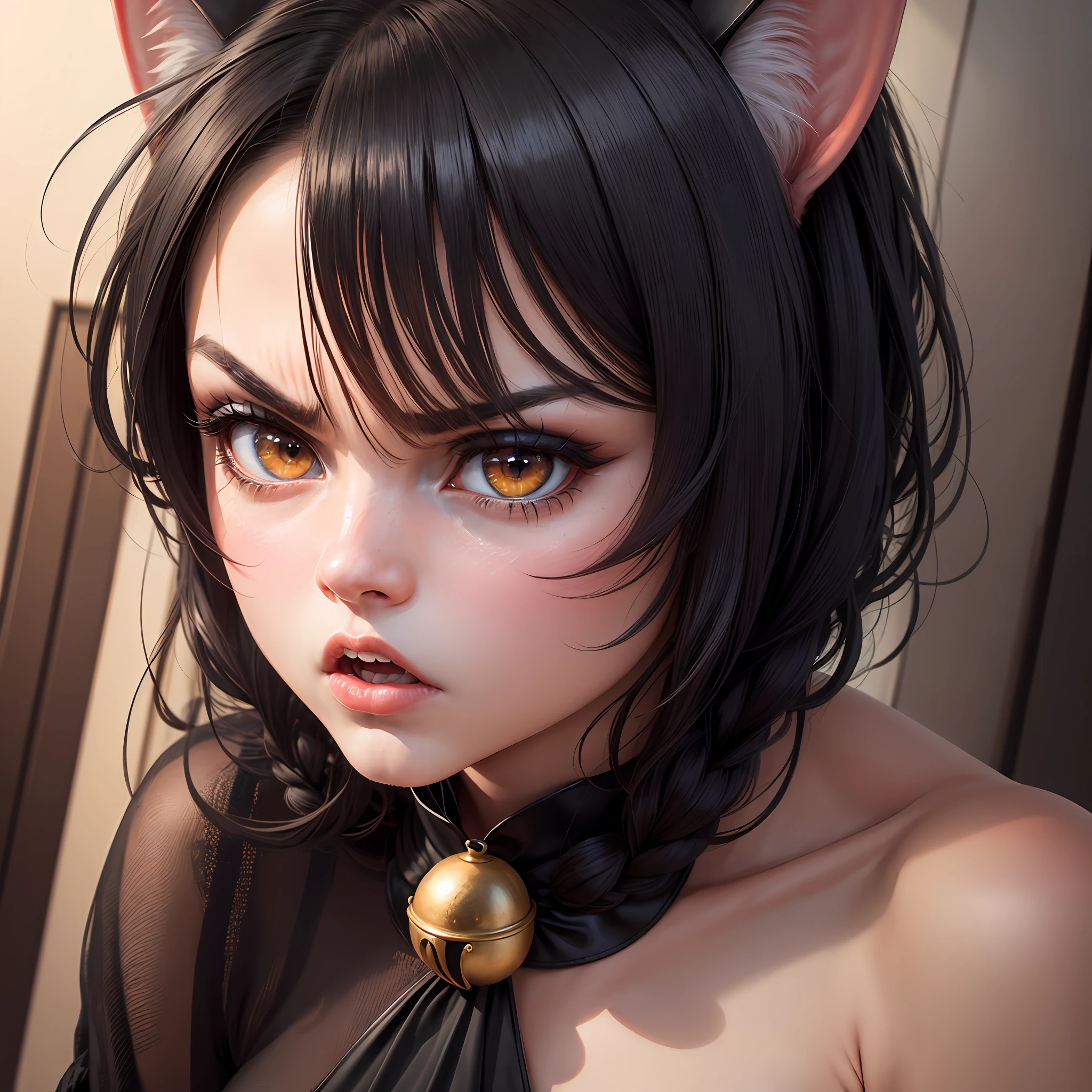 black hair, black hair, bell, heart-shaped pupils, cat ears, angry, angry, Surrealism, 8k, super detail, UHD --auto
