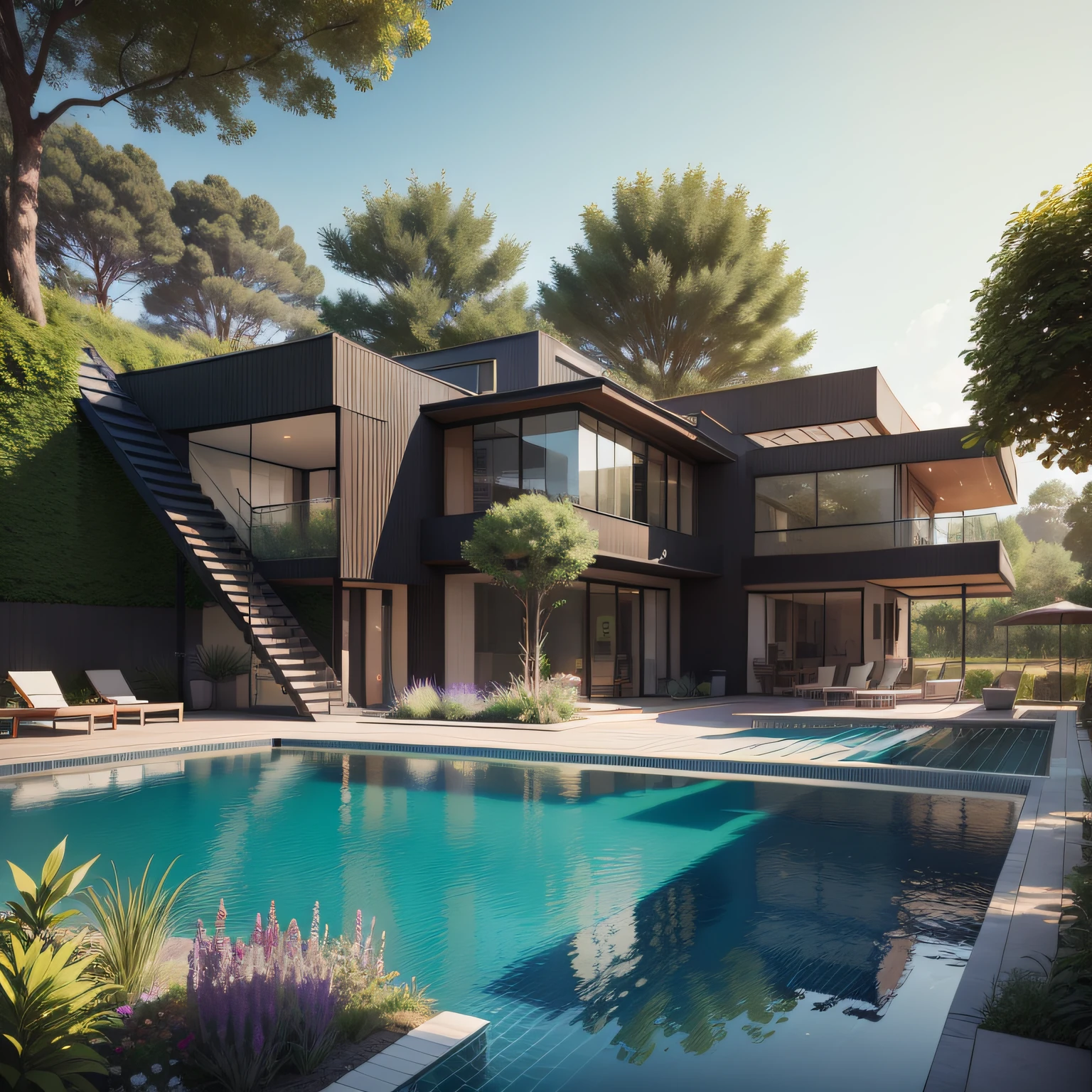 Organic modern architecture on a fairly large plot, from , there is a swimming pool in the middle of a large house of a flower, color of the house in chocolate brown and black beams, large modern residence, flat roofs and garden, render luxcore, render oktane, a photorealistic rendering, architectural rendering, mantra rendering, architectural rendering, realistic rendering, architectural visualization, wellness pool, Architectural visualization, large green zones, with small zones of lavender flowers, green shrubs type lush green garden, as well as small water mirrors, swimming pool embedded in an area of sand, olive and pine trees around the house, paddle court next to the house