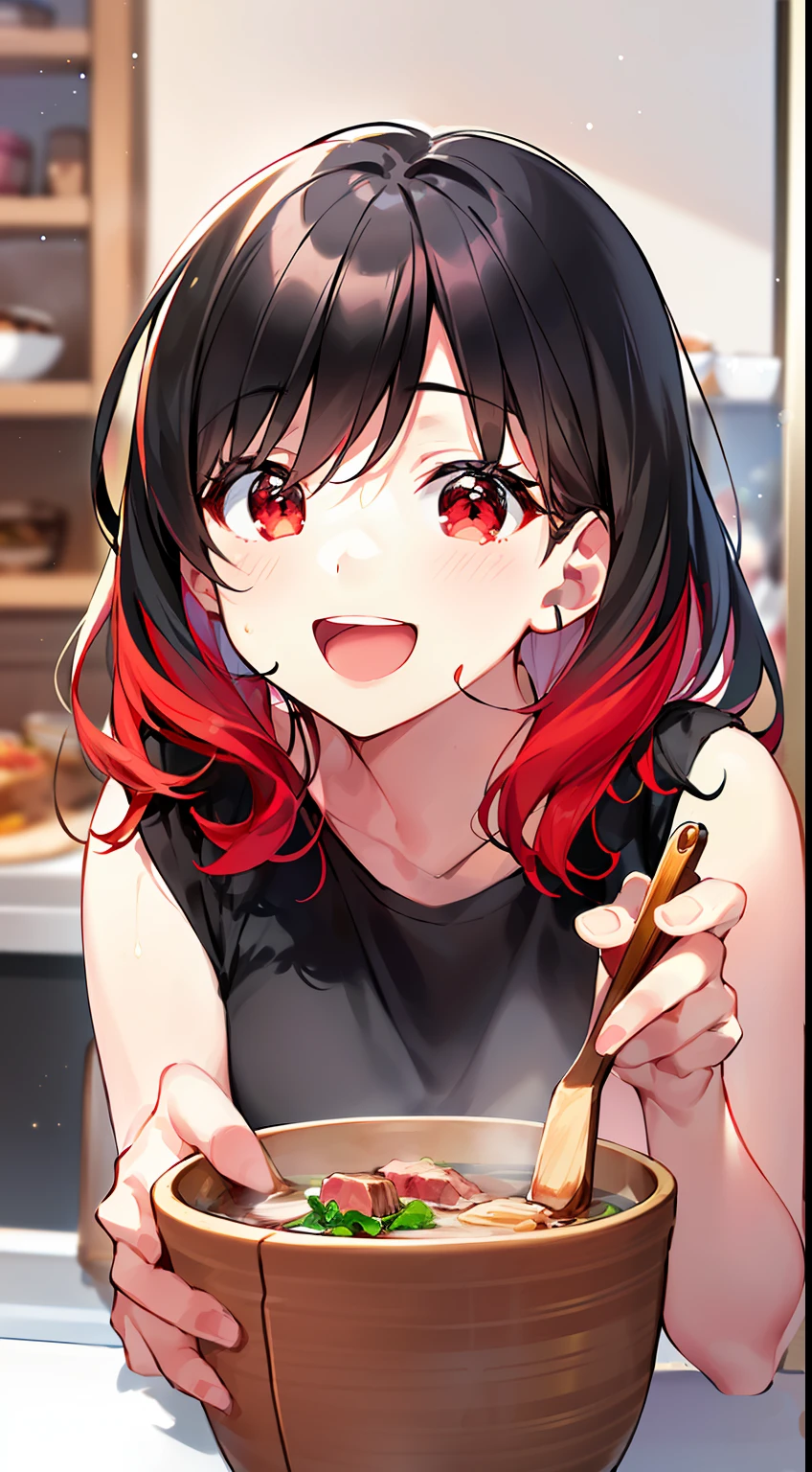 (beef soup, two-dimensional cuisine, delicious and unique, happy mood, 1 girl), (plain face, (black hair: 1.2 + red hair: 1.2), beautiful light and shadow, smooth and natural, beautiful, high image quality: 1.1)