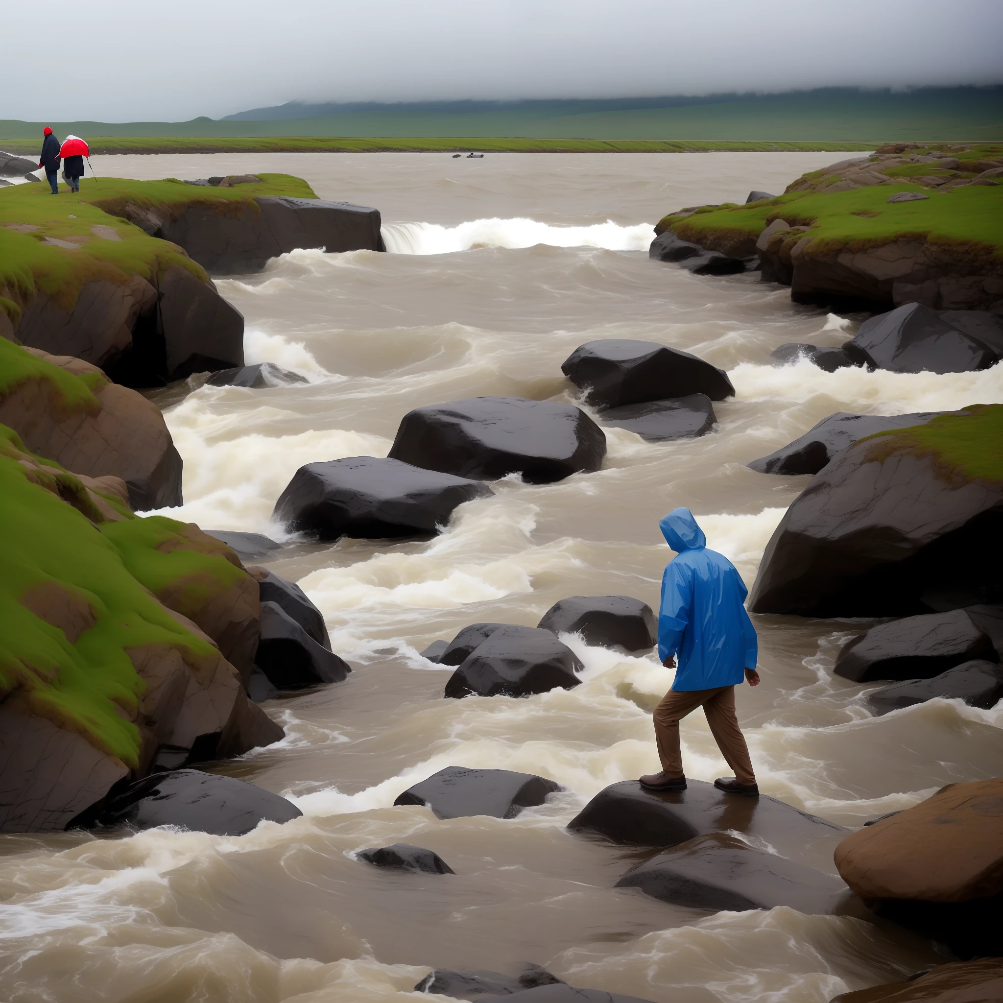 Grandfather crossing a stone bridge across a rough sea, Stormy weather, Raincoat, stream, --auto