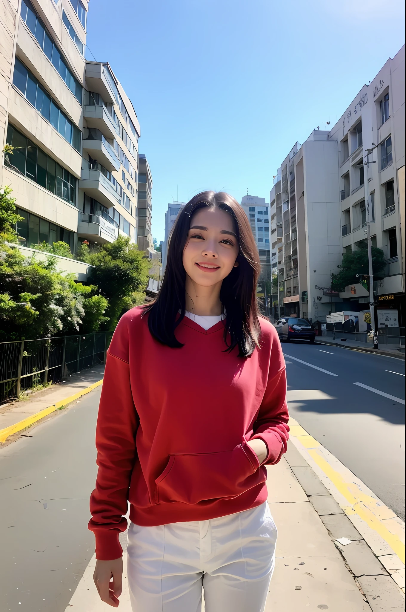 (corpo altamente detalhado, rosto altamente detalhado, melhor qualidade: 1.2), uma mulher, olhar para o espectador, (jaqueta, (fundo avenida Paulista: 1.4)Photo Studio, cabelo amarrado,colar, beijinho,corpo inteiro,sol,cabelo detalhado,olhos detalhado,pele detalhada, Buchecha rosa, detalhes,na rua,luz do dia,cabelo flutuante,corpo inteiro, sweatshirt and pants,solo,feliz, andando, bonnet,neve,frio,Buildings, moletom vermelho,
