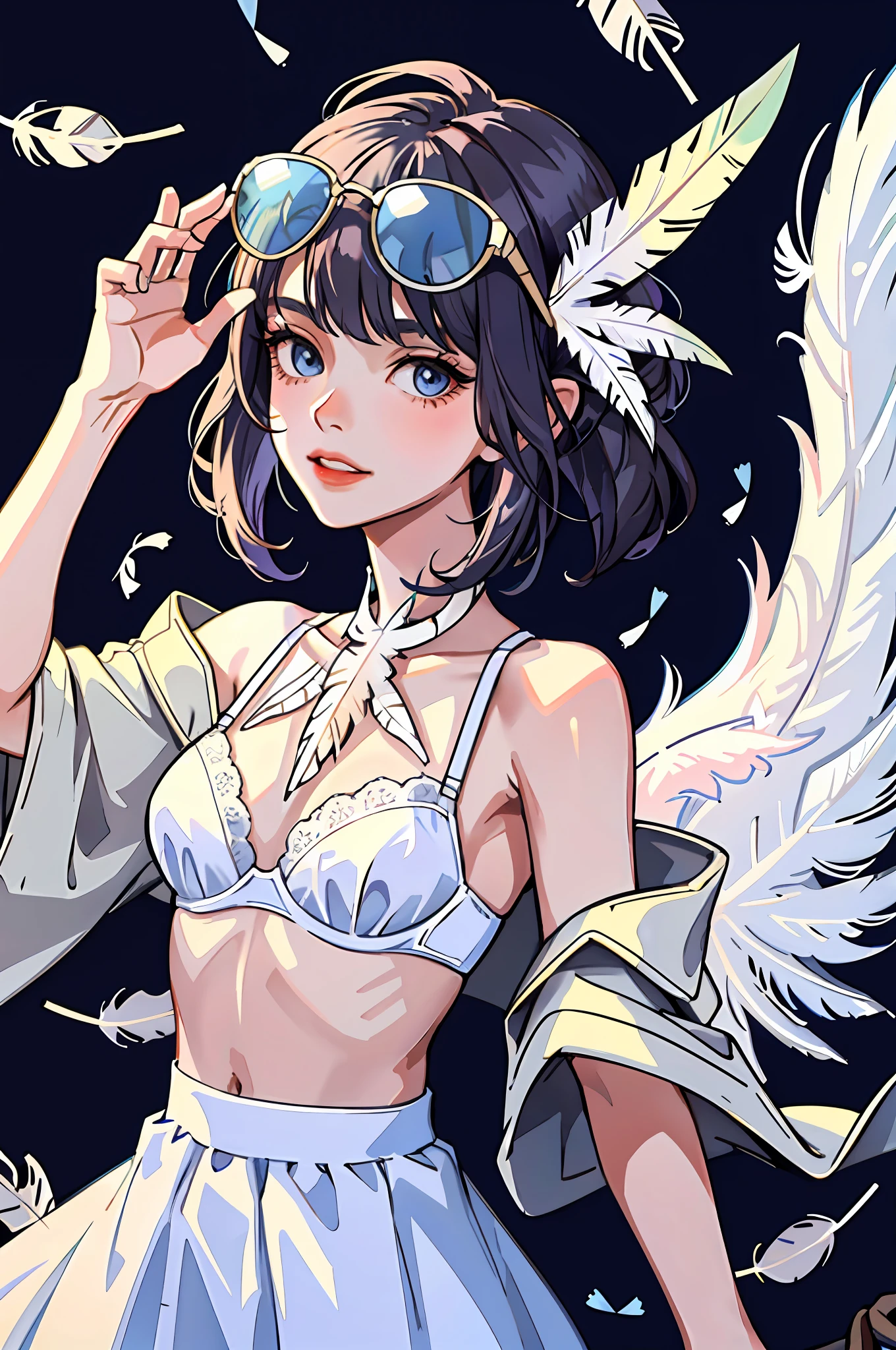 (masterpiece:1.2, best quality), (1girl, solo:1.2), weird hair, star sunglasses, head accessory, (feather clothes:1.3), bra,