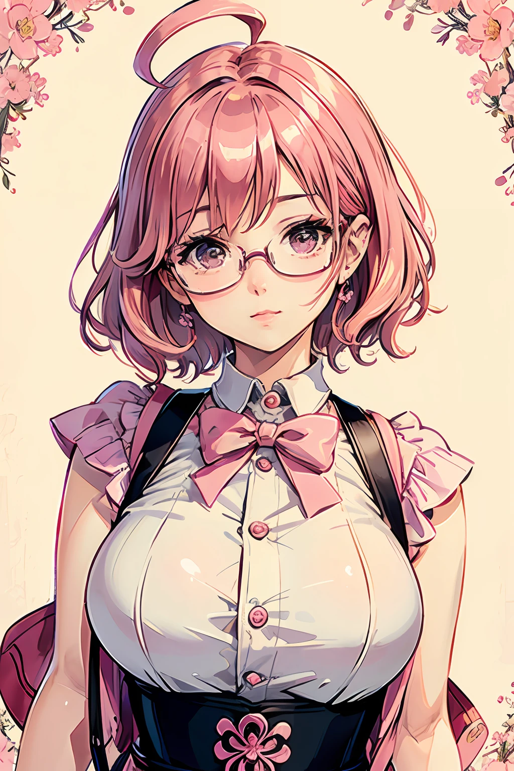 (masterpiece:1.2, best quality), (dinamic lighting) 1lady, solo, short hair, big breasts,  (shiny skin:1.2), upper body, glasses, modern, wavy pink hair,pink Suspenders, flower on ear, harajuku style, hair pin, loli ,ahoge