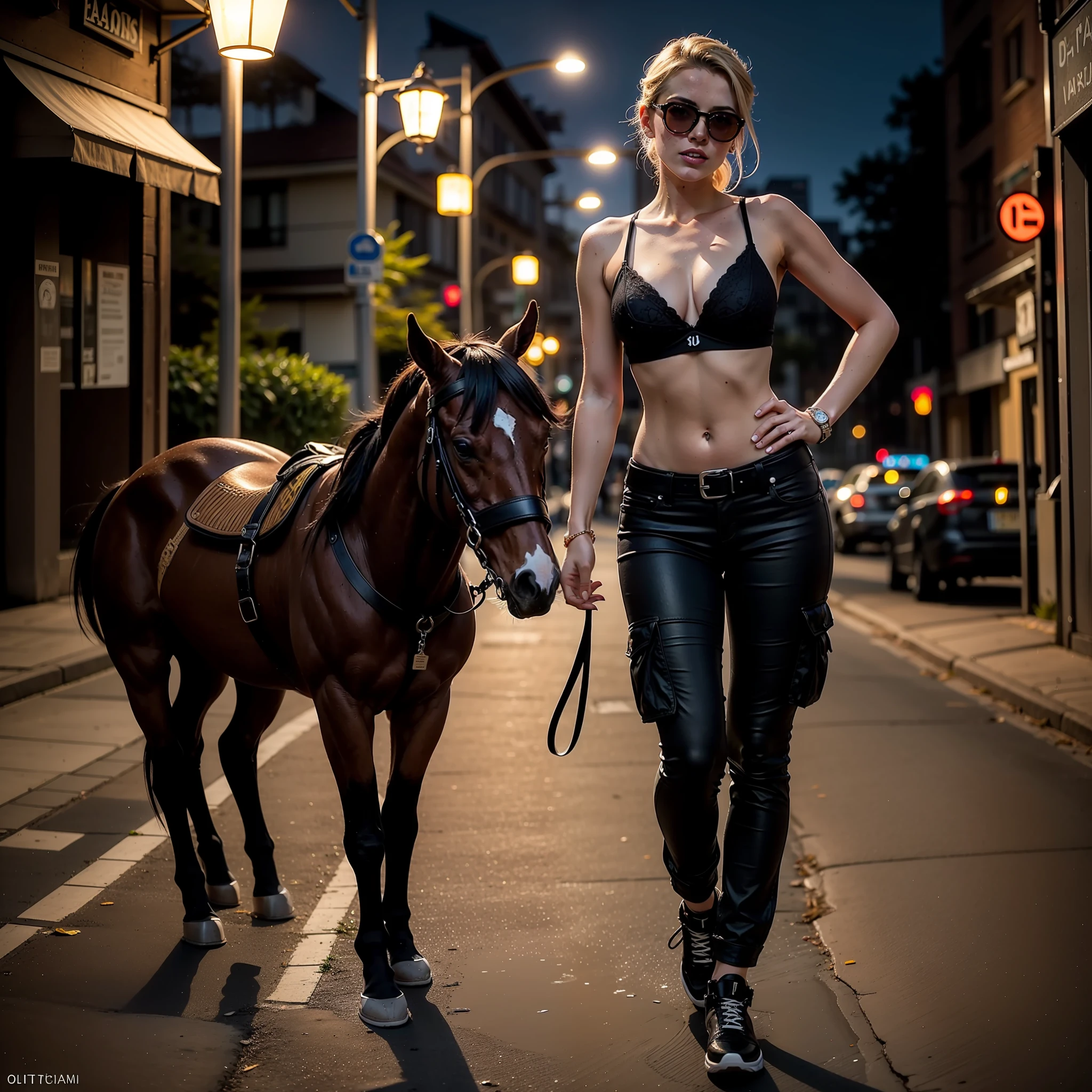 1 mulher Cammy White (Lutador de rua), corpo proporcional, pale skin and freckles, olhos cinzas, nariz delicado, soft and delicate lips, cabelo blondie cinza, rabo-de-cavalo, with aviator glasses with transparent yellow lenses, jaqueta de couro (branca e detalhes pretos), white sports bra, black cargo pants com faixa lateral vermelha, Tactical belt, coldre com pistola, bota de couro marrom cano alto, cabelos ao vento, observa a cidade de Los Angeles iluminada a noite sentada de lado na sua moto futurista (Akira manga) na beira da estrada, pensativa, olhando a skyline da cidade. Neon lights and lamp posts, dinamic poses, pose de modelo encostada na moto, modelshoot, sorriso meigo, disco Rigido, fotorrealista 1:3, apenas 1:3, professional camera, obra prima, Foto premiada