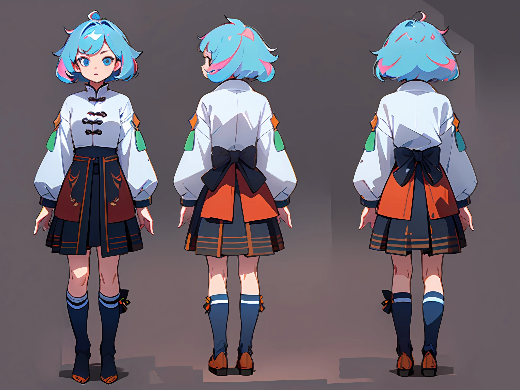 ((masterpiece)), (((best quality))), (character design sheet, same character full body, front, side, back), Illustration, 1 girl, hair color, bangs, hair fax, eyes, environment change, pose kota, female, shirt shangyi, stars, charturnbetalora, (simple background, white background: 1.3) ,--6