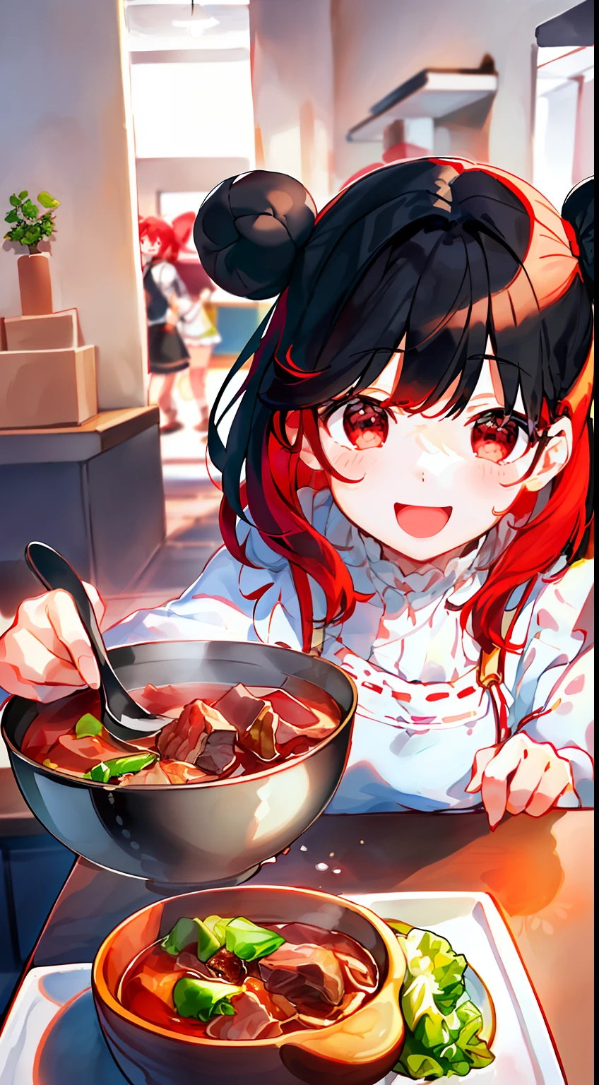 (beef soup, two-dimensional cuisine, delicious and unique, happy mood, 1 girl), (plain face, (black hair: 1.2 + red hair: 1.2), beautiful light and shadow, smooth and natural, beautiful, high image quality: 1.1)