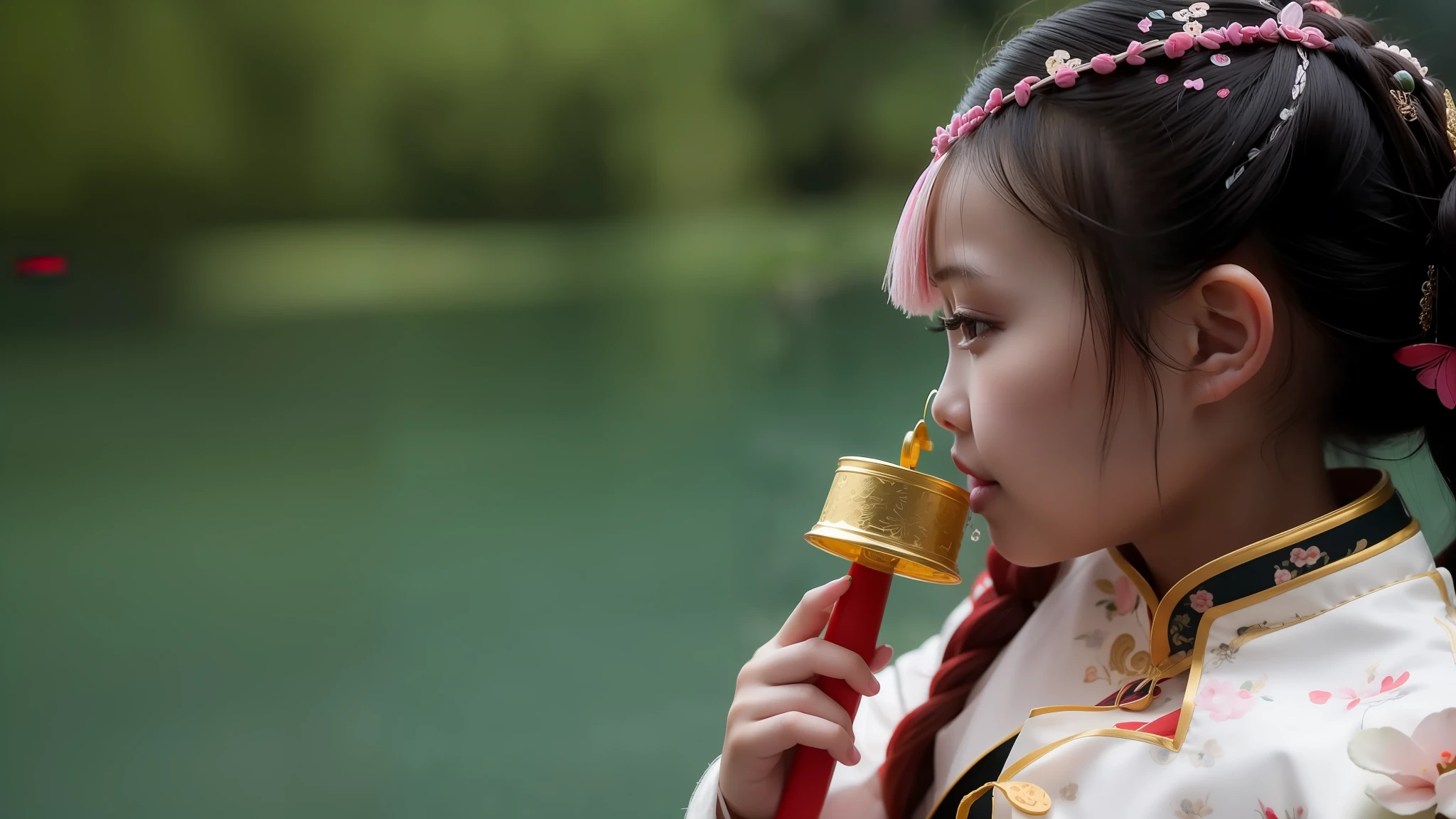 There was a young girl in a Chinese dress holding a bell, Chinese girl, young girl playing flute, Young Asian girl, Gamine, Chinese traditional, portrait shooting, Palace , A girl in Hanfu, close up portrait shot, Girl, ???, little girl with magical powers, Traditional Chinese clothing, China Princess, dreamland of chinese, Children, traditionalcostumes, Chinese
